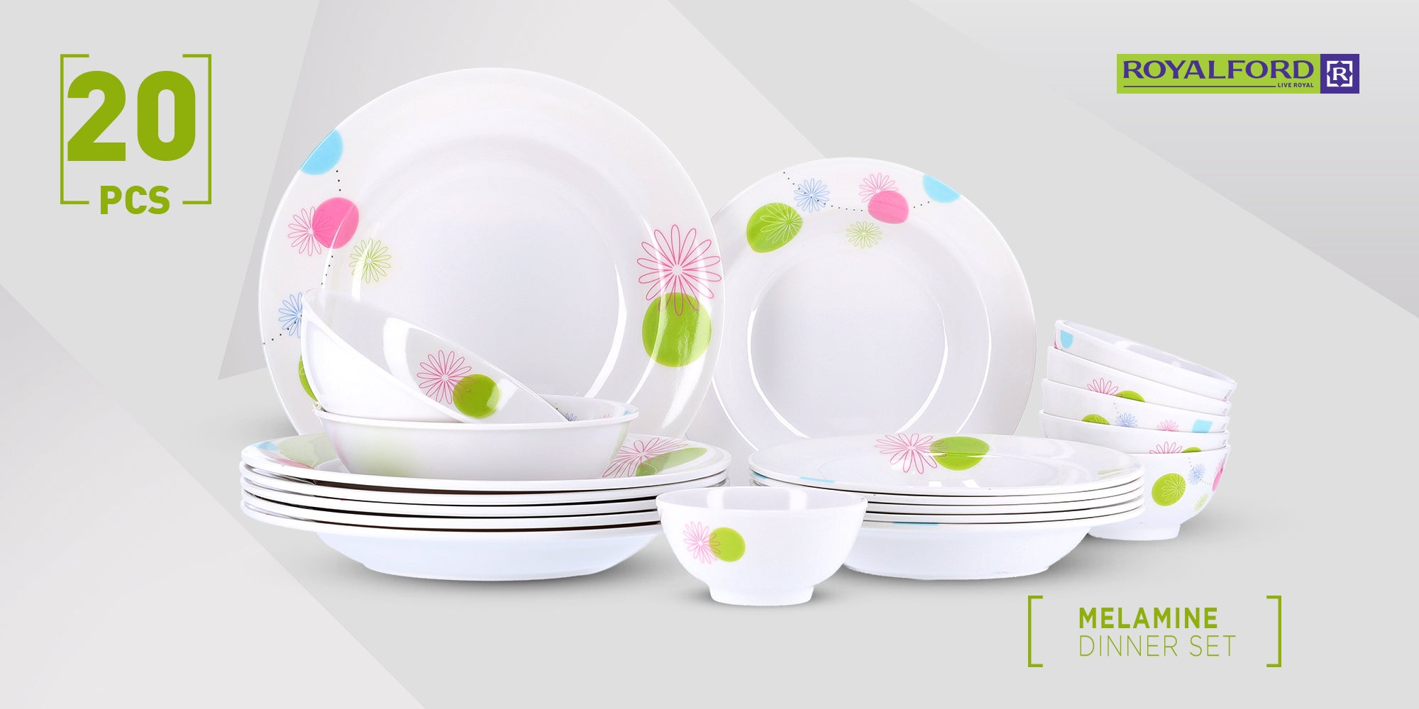 20 Pieces Melamine Dinner Set Multicolor Assorted Design White 10inch