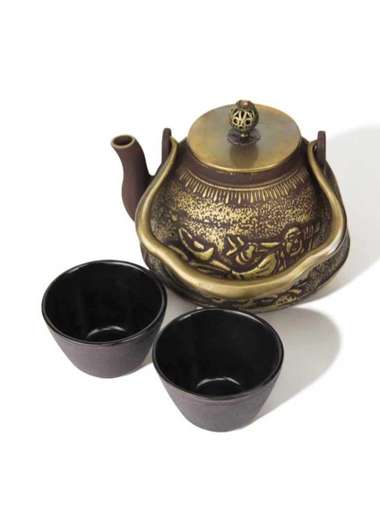 Durable Coated with Enamel Interior Cast Iron Teapot with Stainless Steel Infuser for Brewing Loose Tea Leaf 1.1 Liter (Red-Brown) w/ 2 cups