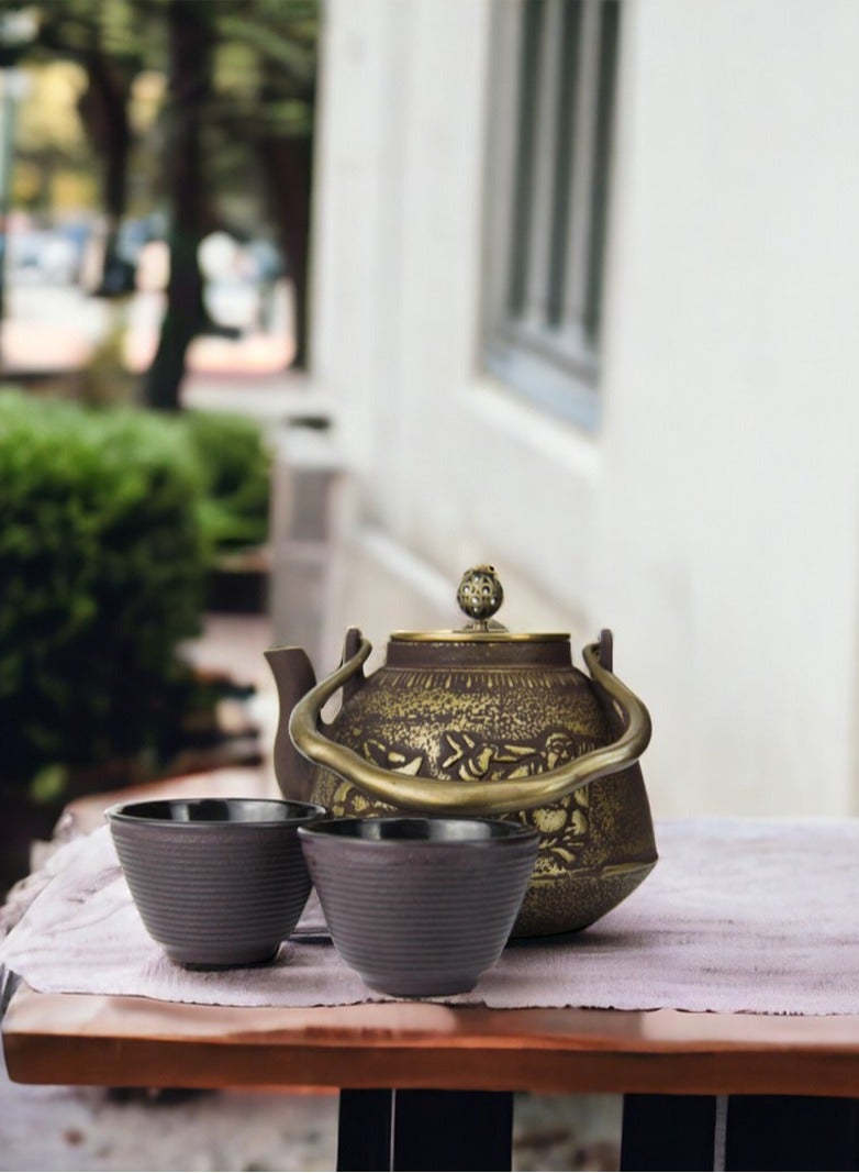 Durable Coated with Enamel Interior Cast Iron Teapot with Stainless Steel Infuser for Brewing Loose Tea Leaf 1.1 Liter (Red-Brown) w/ 2 cups