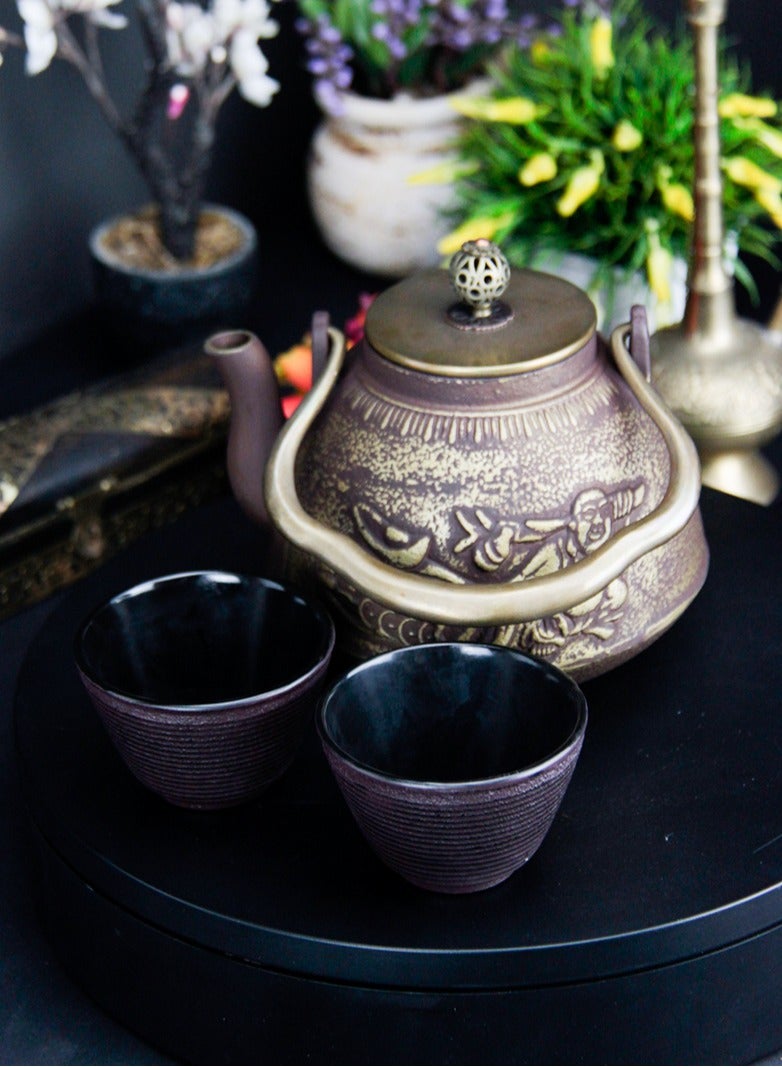 Durable Coated with Enamel Interior Cast Iron Teapot with Stainless Steel Infuser for Brewing Loose Tea Leaf 1.1 Liter (Red-Brown) w/ 2 cups