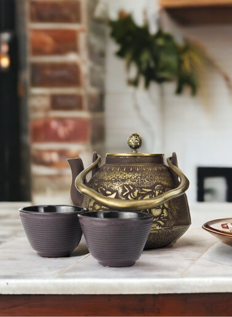 Durable Coated with Enamel Interior Cast Iron Teapot with Stainless Steel Infuser for Brewing Loose Tea Leaf 1.1 Liter (Red-Brown) w/ 2 cups