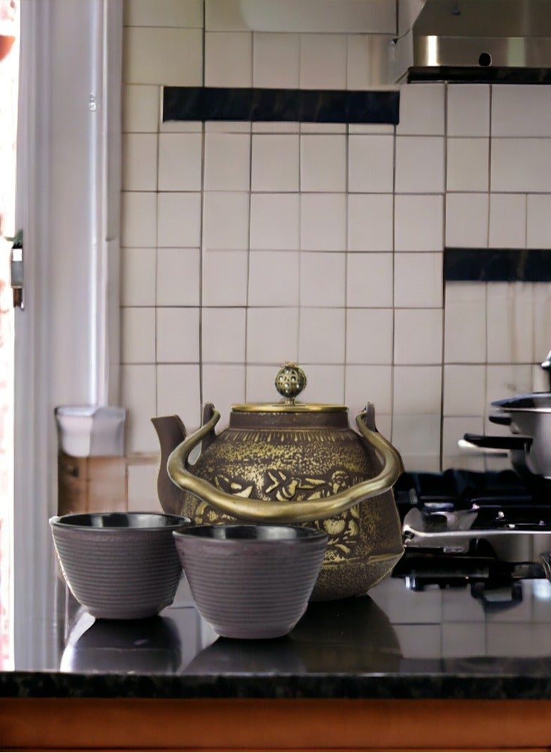 Durable Coated with Enamel Interior Cast Iron Teapot with Stainless Steel Infuser for Brewing Loose Tea Leaf 1.1 Liter (Red-Brown) w/ 2 cups