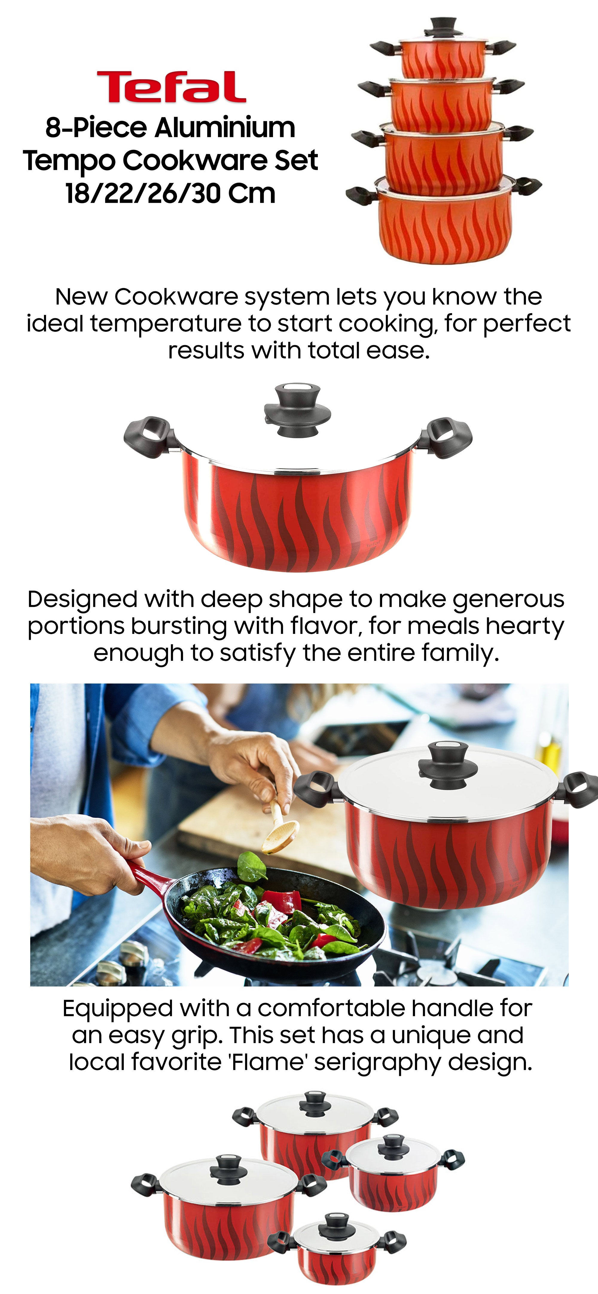 Tempo Flame 8Pcs Cooking Pots And Pans Set, Aluminum Non-Stick Red/Black