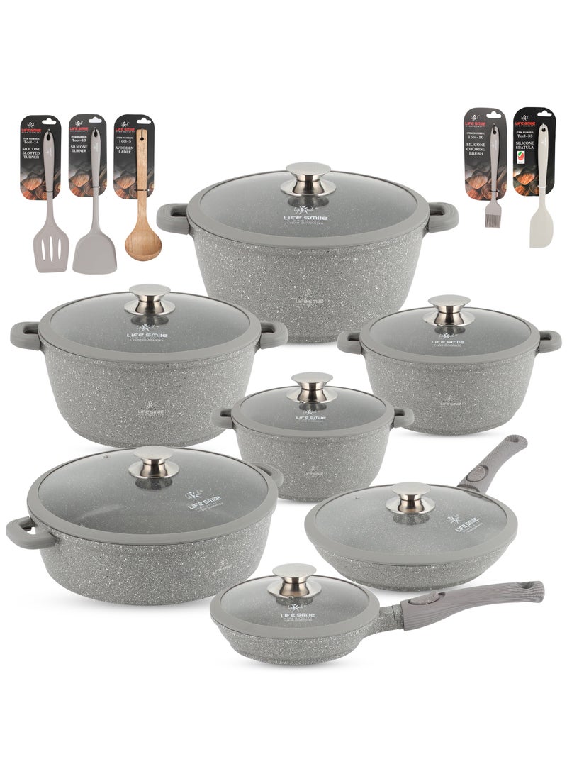 Cookware Set 29 pieces - Pots and Pans set Granite Non Stick Coating 100% PFOA FREE, Induction Base Cooking Set include Casseroles & Shallow Pot & Fry Pans & Silicone Utensils