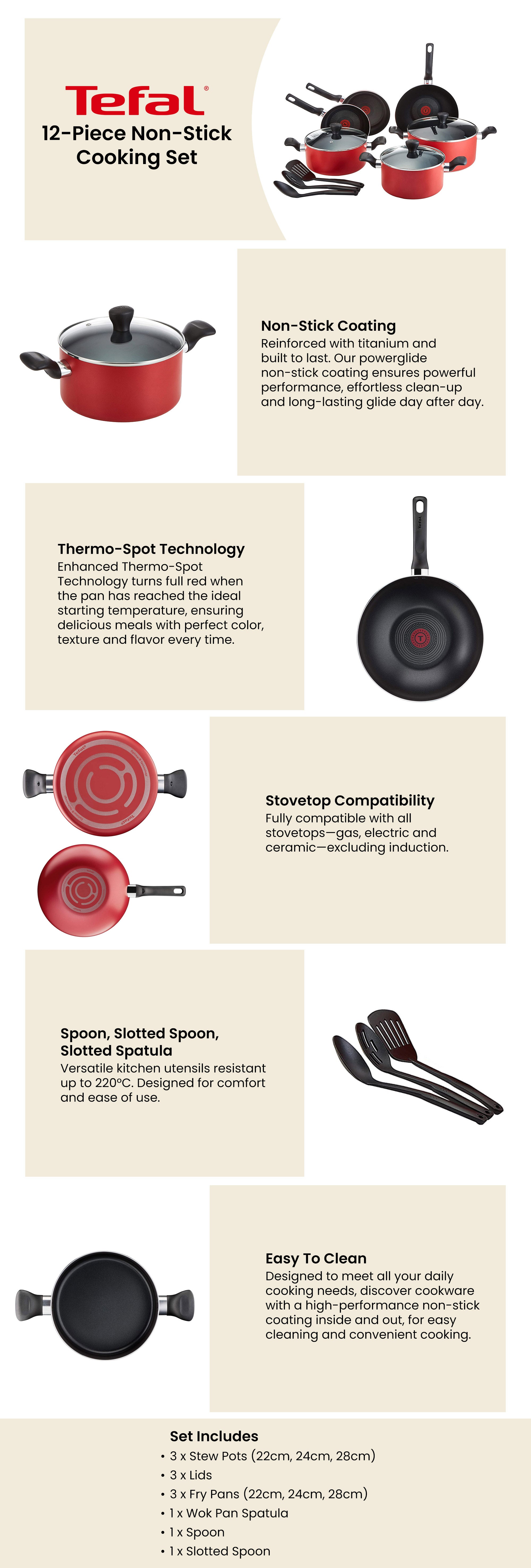 Super Cook 12 Pc Set| Frypans 22/24Cm, Wokpan28 Cm, Stewpots 22/24/28Cm+Lids, Spoon, Slotted Spoon, Slotted Spatula | Non-Stick | Thermo-Signal | Red | B460Sc84 Red 24cm