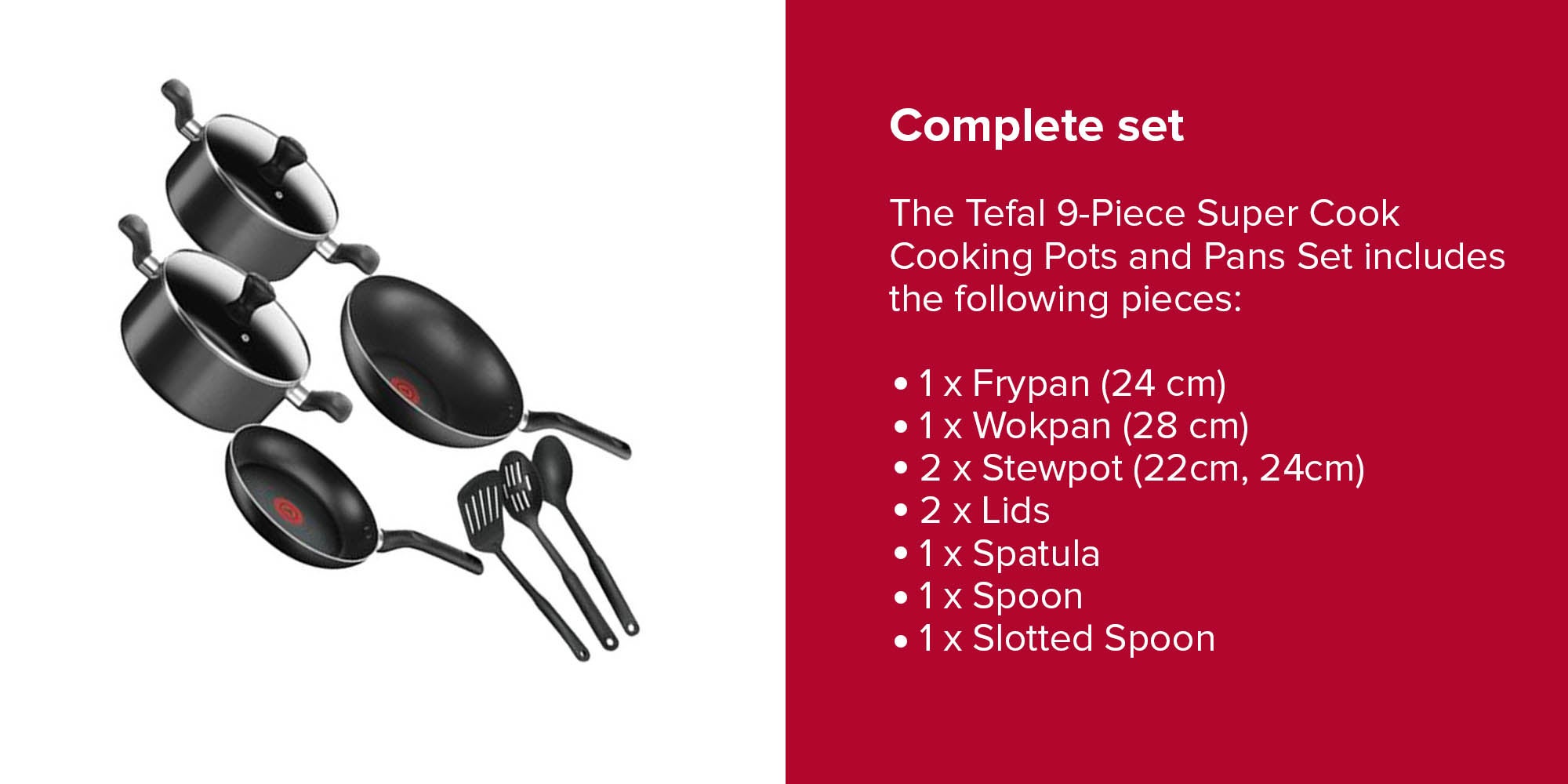 TEFAL Cookware Set of 9 PCs |Super Cook| frypan 24 cm/wokpan 28 cm/stewpots 22/24 cm/spoon/slotted spoon/slotted spatula | Aluminium Non-Stick with Thermo Signal | Black | 2 Years Warranty | B459S984 Black 24,28,22,24cm