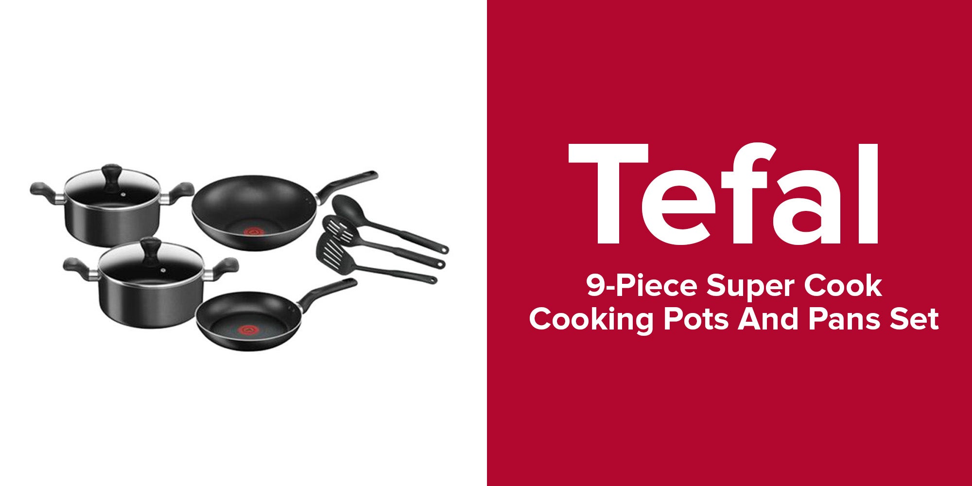 TEFAL Cookware Set of 9 PCs |Super Cook| frypan 24 cm/wokpan 28 cm/stewpots 22/24 cm/spoon/slotted spoon/slotted spatula | Aluminium Non-Stick with Thermo Signal | Black | 2 Years Warranty | B459S984 Black 24,28,22,24cm