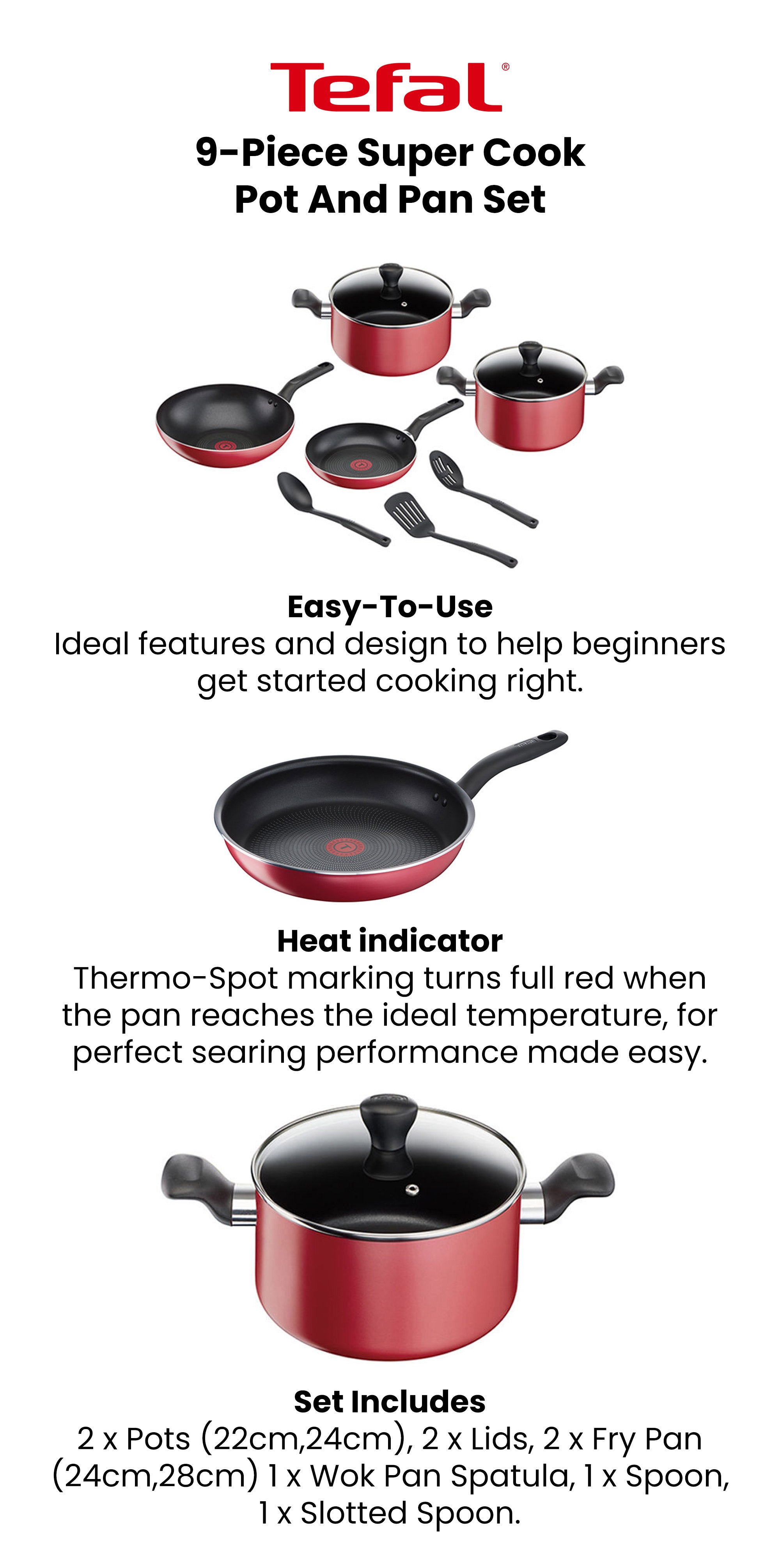 TEFAL Cookware Set of 9 PCs |Super Cook| Frypan 24 cm/Wokpan 28 cm/Stewpots 22/24 cm+lids/Spoon/Slotted Spoon/Slotted Spatula| Aluminium Non-Stick with Thermo Signal| Red | 2 Years Warranty B460S984 Red 22,24,28,24,28cm