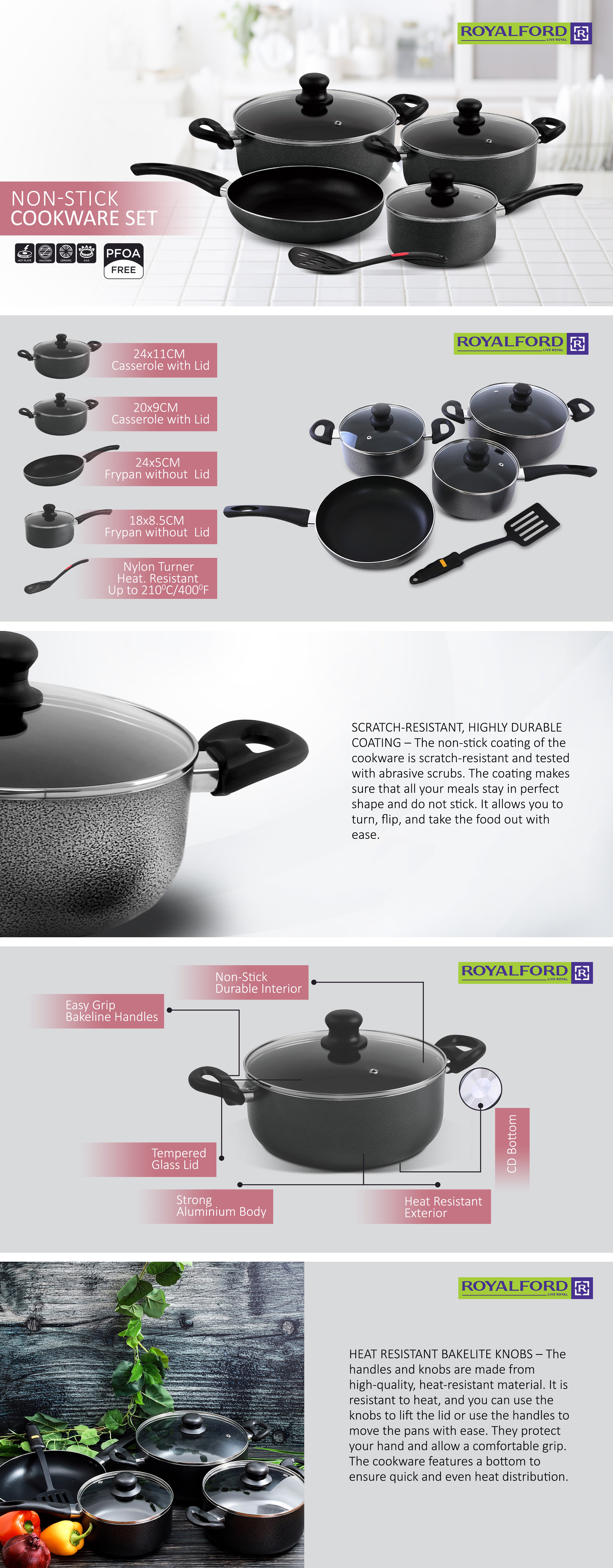 8 Pieces Non-Stick Cookware Set Cd Bottom 2.5Mm Thichness Heat Resistant Exterior Strong Aluminium Body Easy Grip Bakelite Handle Durable Interior Pfoa Free Black 54.5X20X33cm