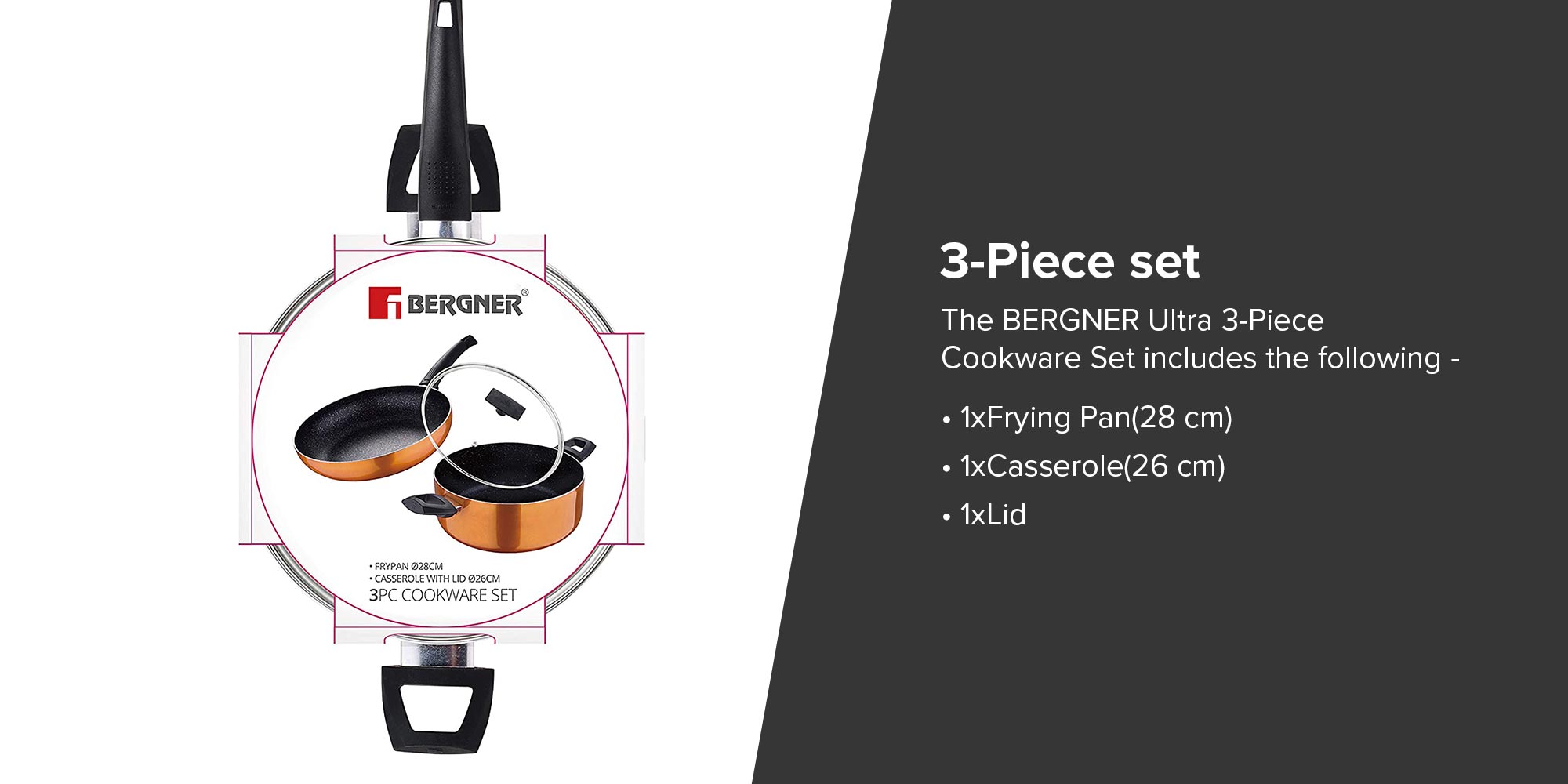 3-Piece Ultra Press Aluminium Non-Stick Induction Bottom Cookware Set Frypan 1x28, Casserole With Lid 1x26cm Copper 28cm
