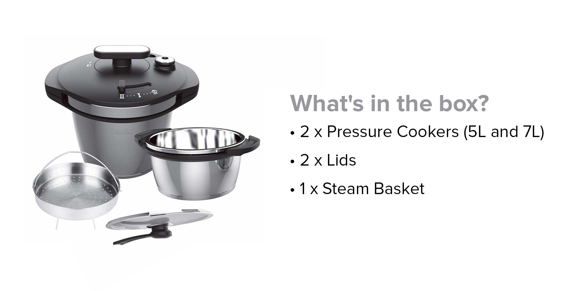 Stainless Steel 2-Piece Pressure Cooker With Steam Basket Black and Silver 5, 7Liters