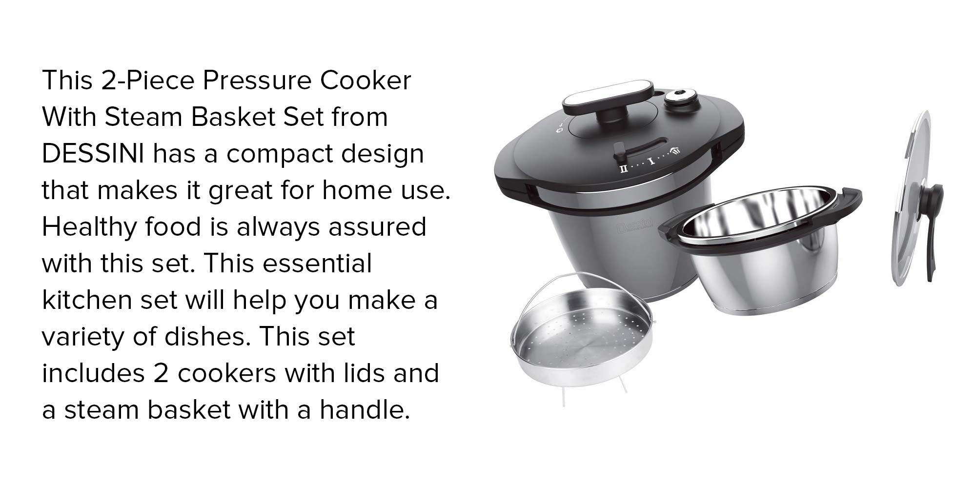Stainless Steel 2-Piece Pressure Cooker With Steam Basket Black and Silver 5, 7Liters