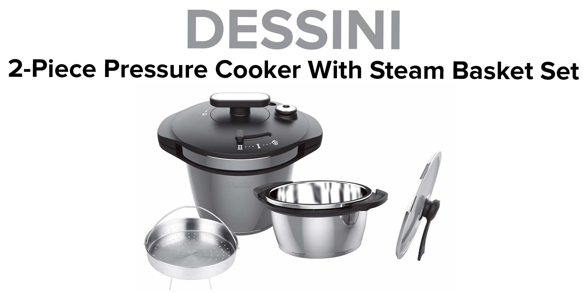 Stainless Steel 2-Piece Pressure Cooker With Steam Basket Black and Silver 5, 7Liters