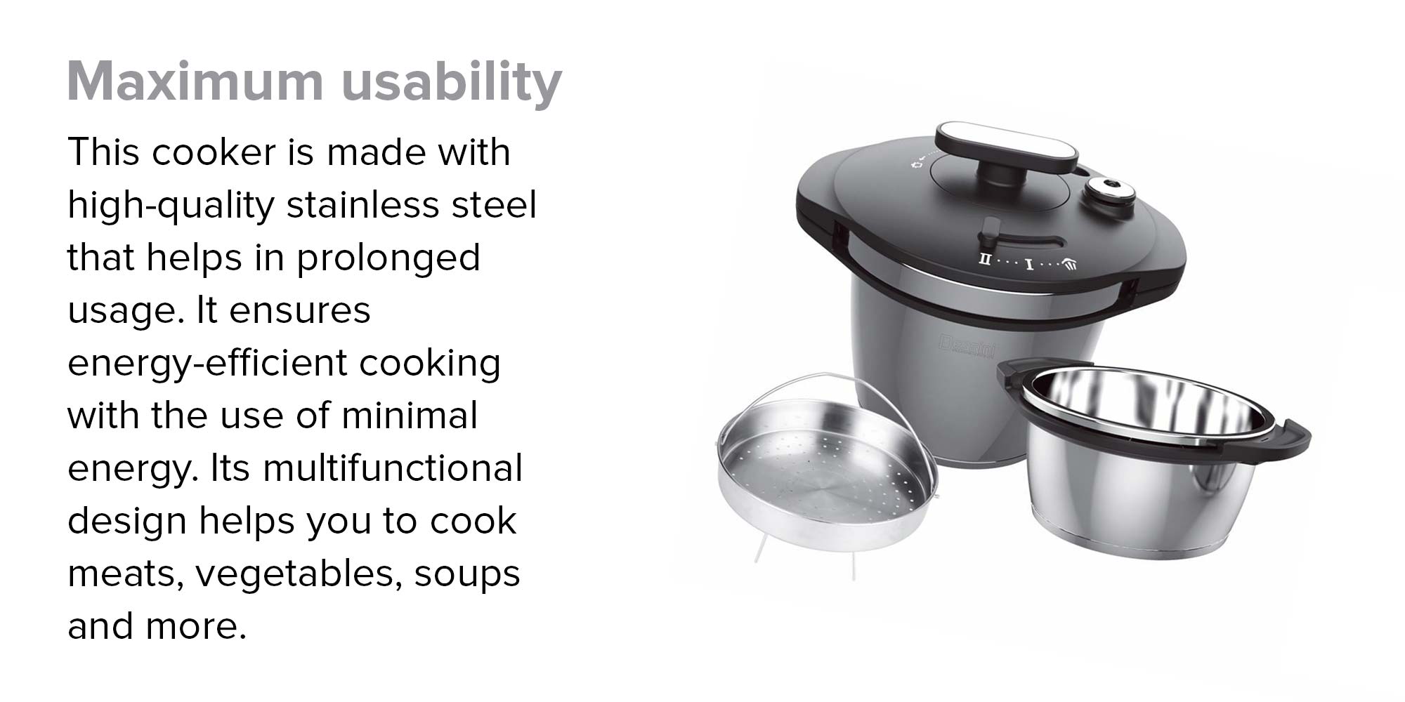 Stainless Steel 2-Piece Pressure Cooker With Steam Basket Black and Silver 5, 7Liters
