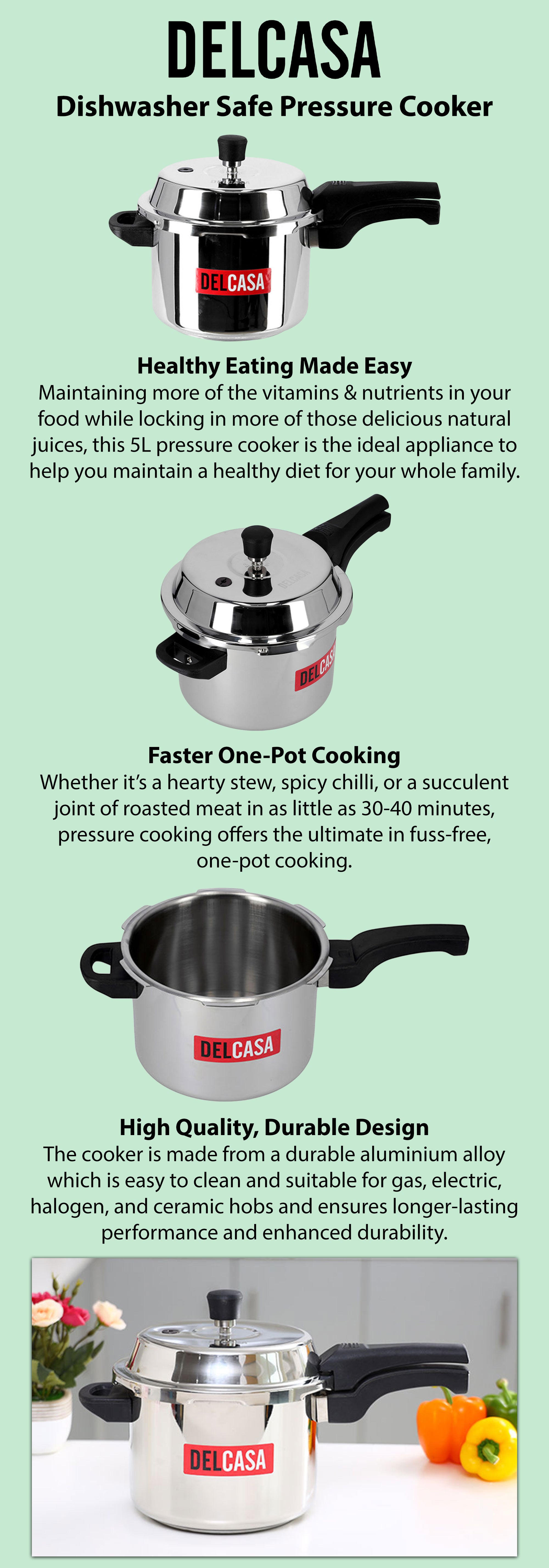 Stainless Steel Dishwasher Safe Pressure Cooker Silver 5Liters