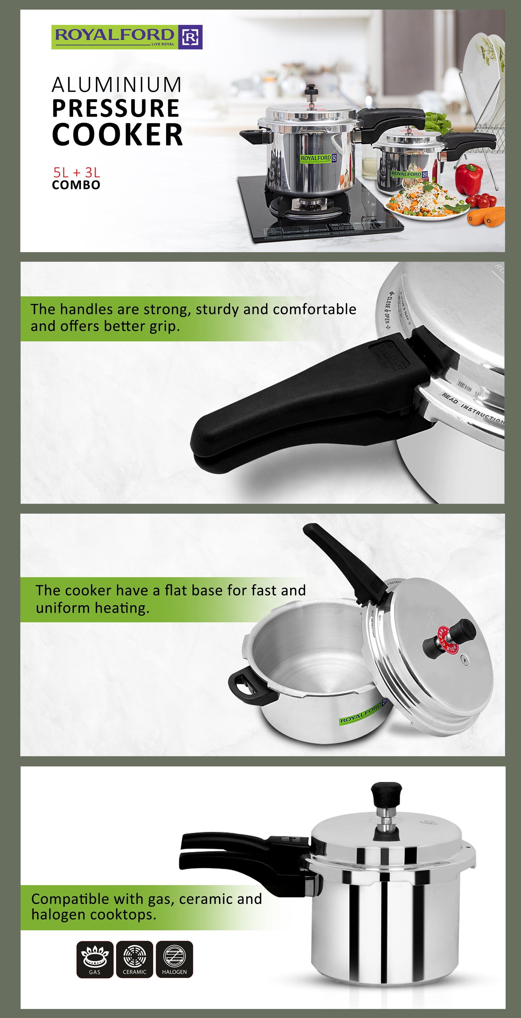 3L+5L Combo Aluminium Pressure Cooker Induction Compatible Uniform Heating 47.5X24X19Cm Silver With Black Handle Silver 5.0Liters