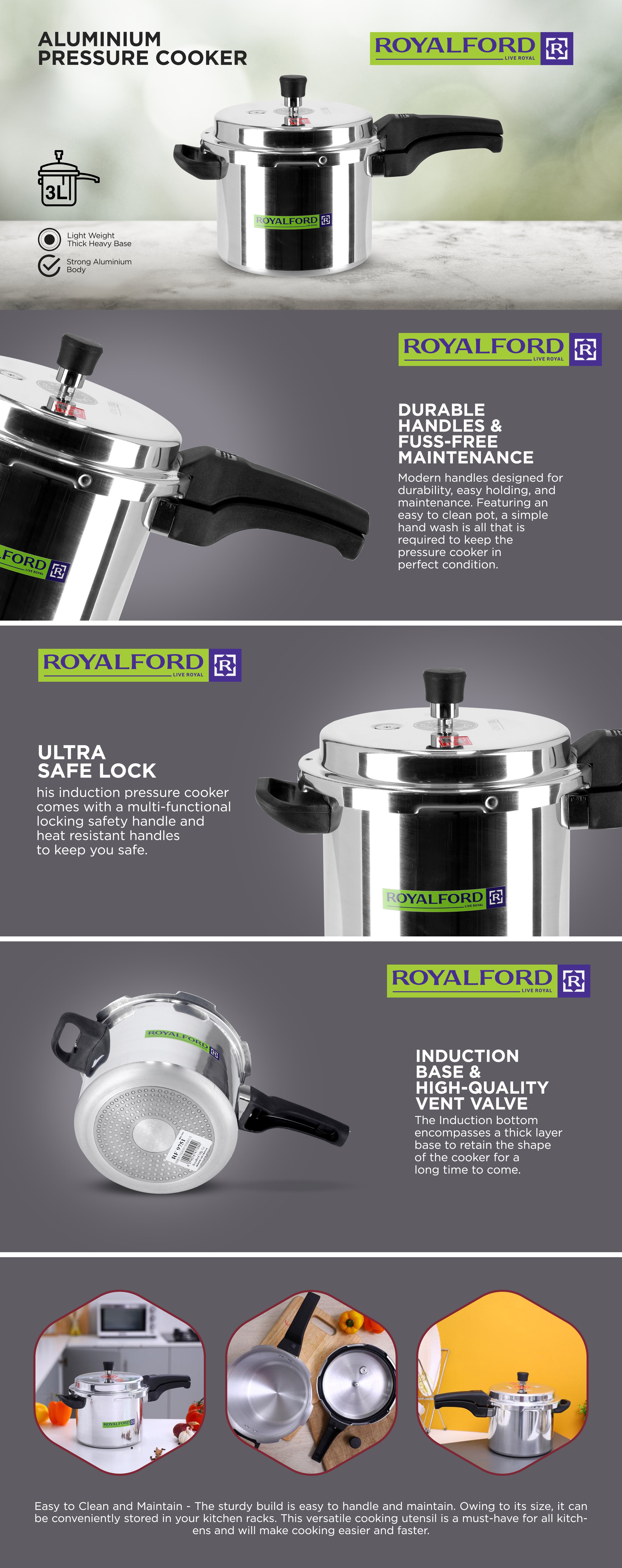 3L Aluminium Pressure Cooker Heavy Duty Induction Compaitable Uniform Heating Convenient To Use High Quality Aluminium Silver