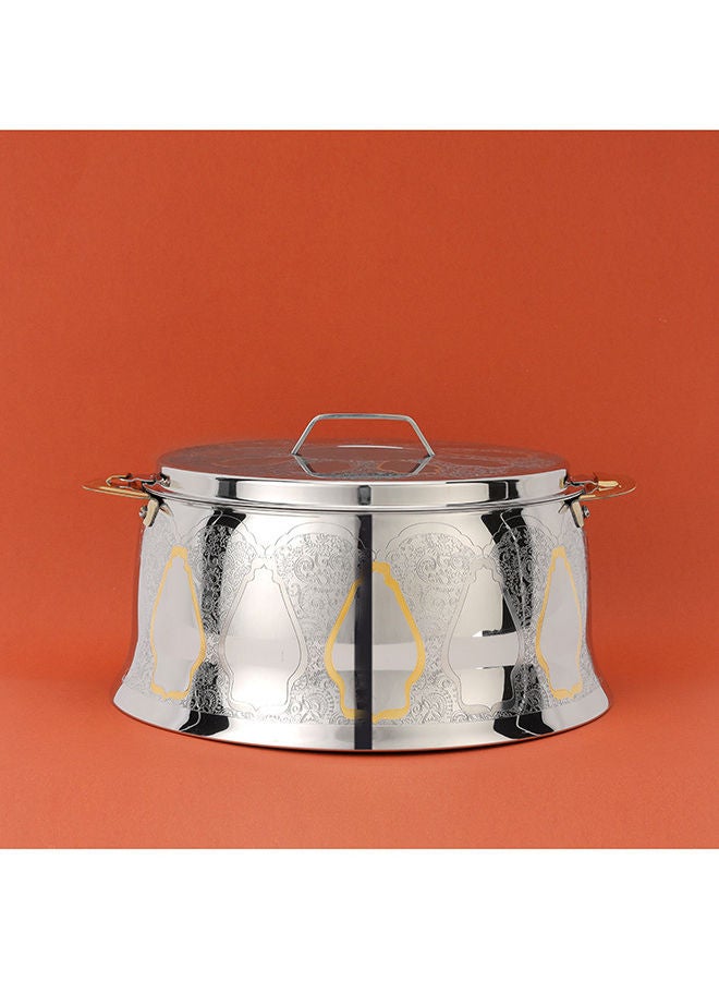 Food-Grade Hot And Cold Hotpot With Double Wall Vacuum Insulation| Firm Twist Lock To Keep Food Fresh For Long| Elegant And Unique Design Perfect For Rice Roti Curry| Silver and Golden Silver and Golden 32x32x16.5 cmml