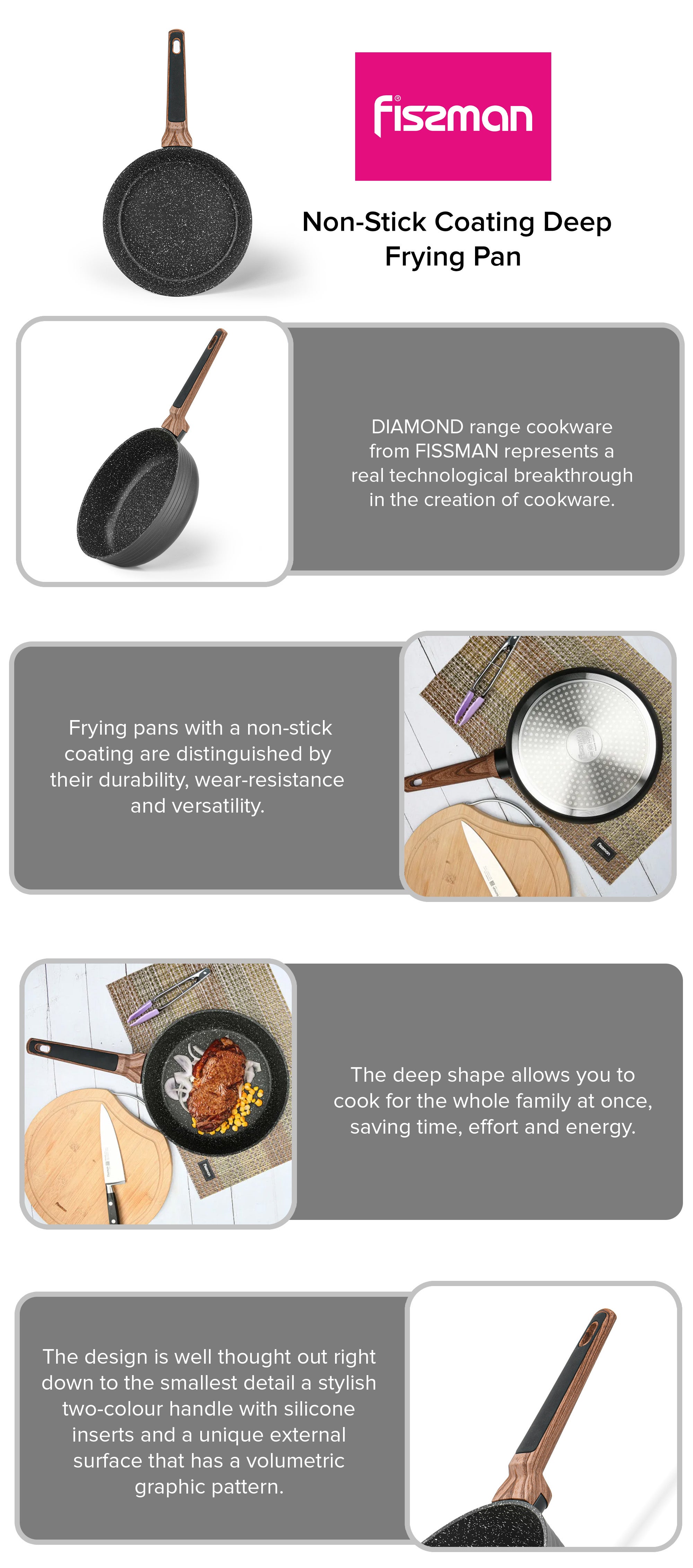 Aluminum With Non-Stick Coating Deep Frying Pan Diamond Black/Brown 24x7.2cm