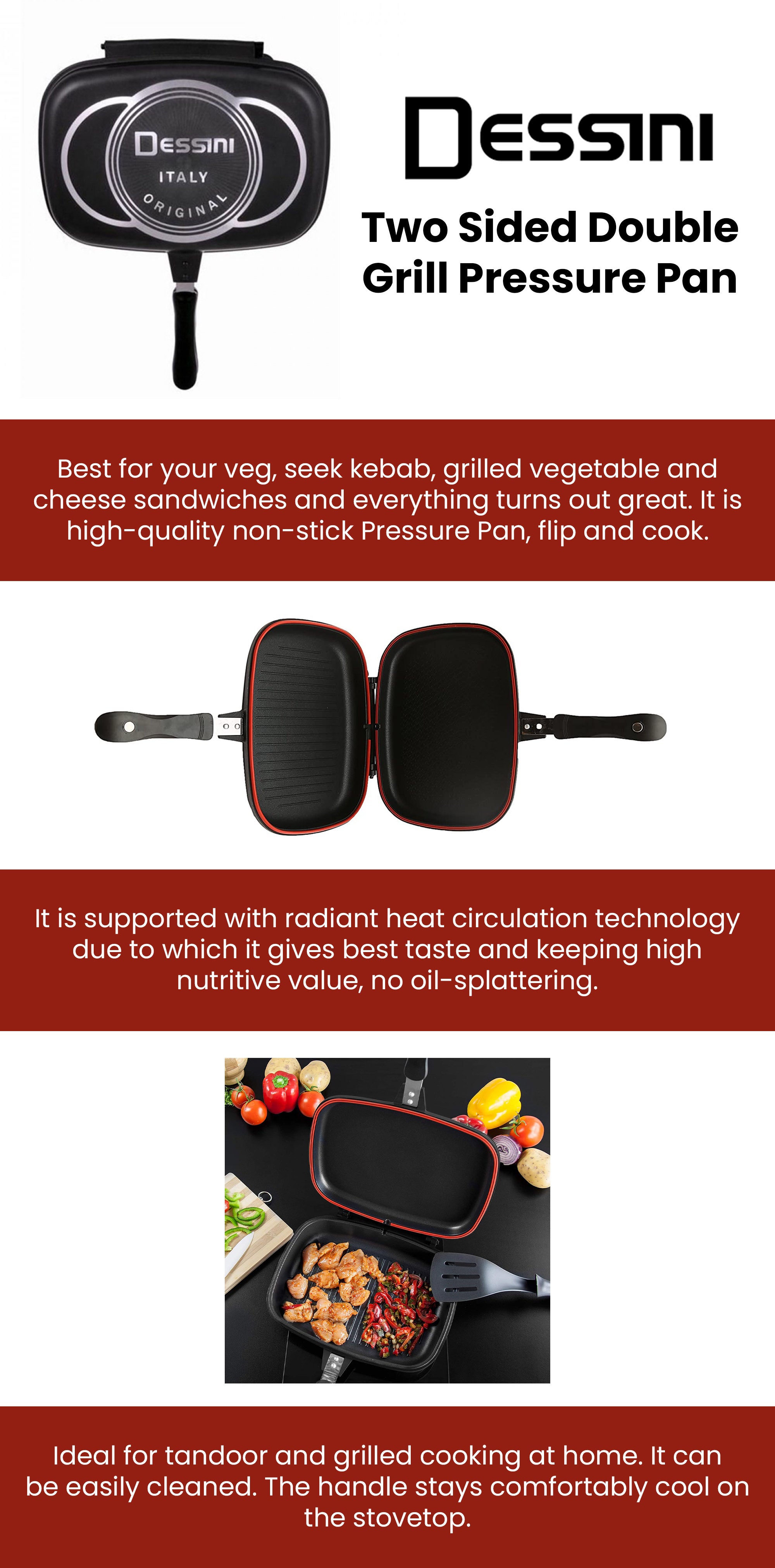 Two Sided Double Grill Pressure Pan Black/Silver/Red 40cm
