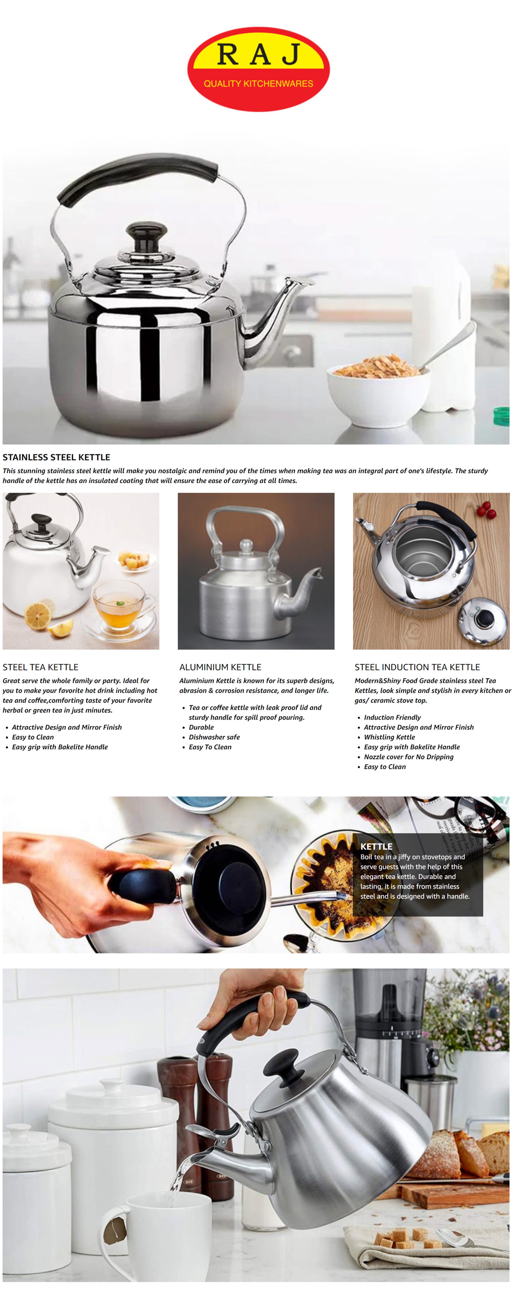 Raj Stainless Steel Kettle With Strainer, 6 Liter Silver 6Liters