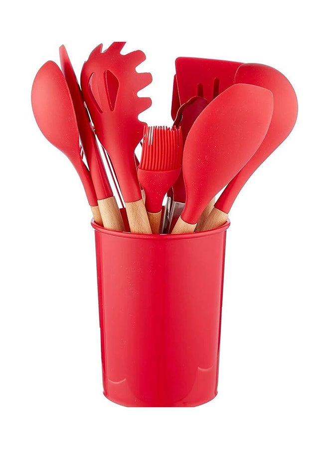 11-Piece Wooden Handle Non Stick Cookware Spoon Set Red