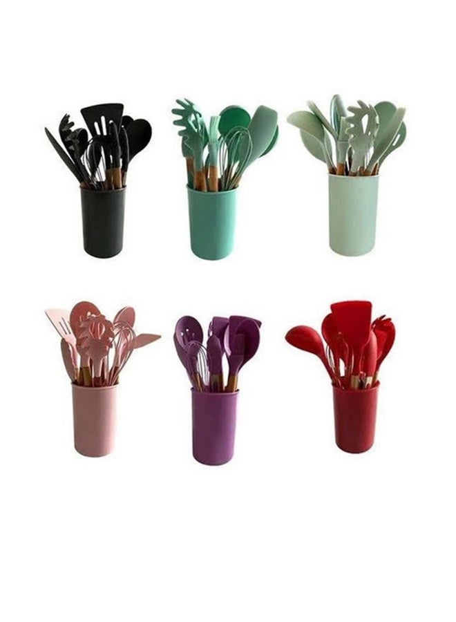 11-Piece Wooden Handle Non Stick Cookware Spoon Set Red