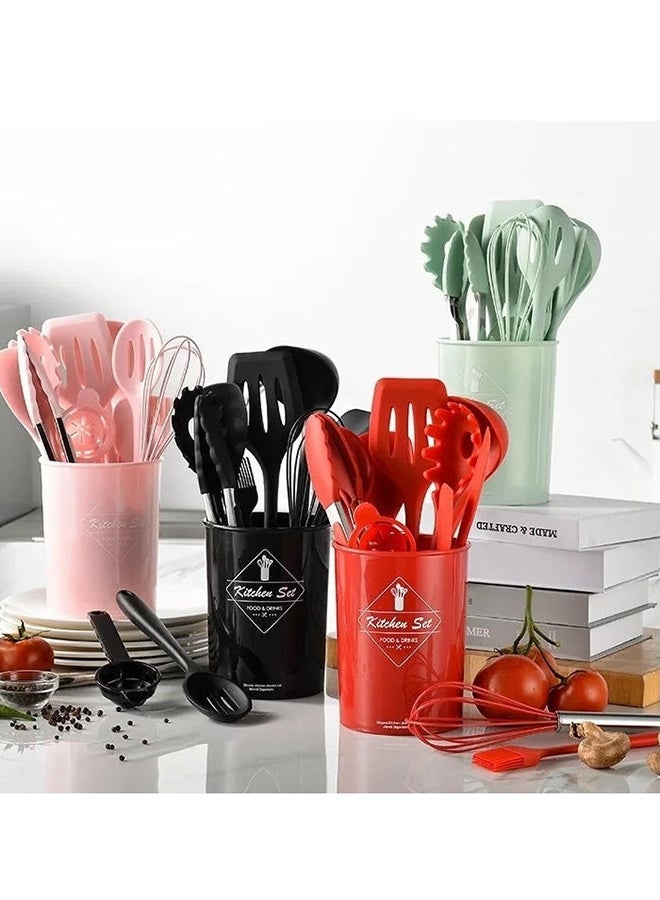 11-Piece Wooden Handle Non Stick Cookware Spoon Set Red
