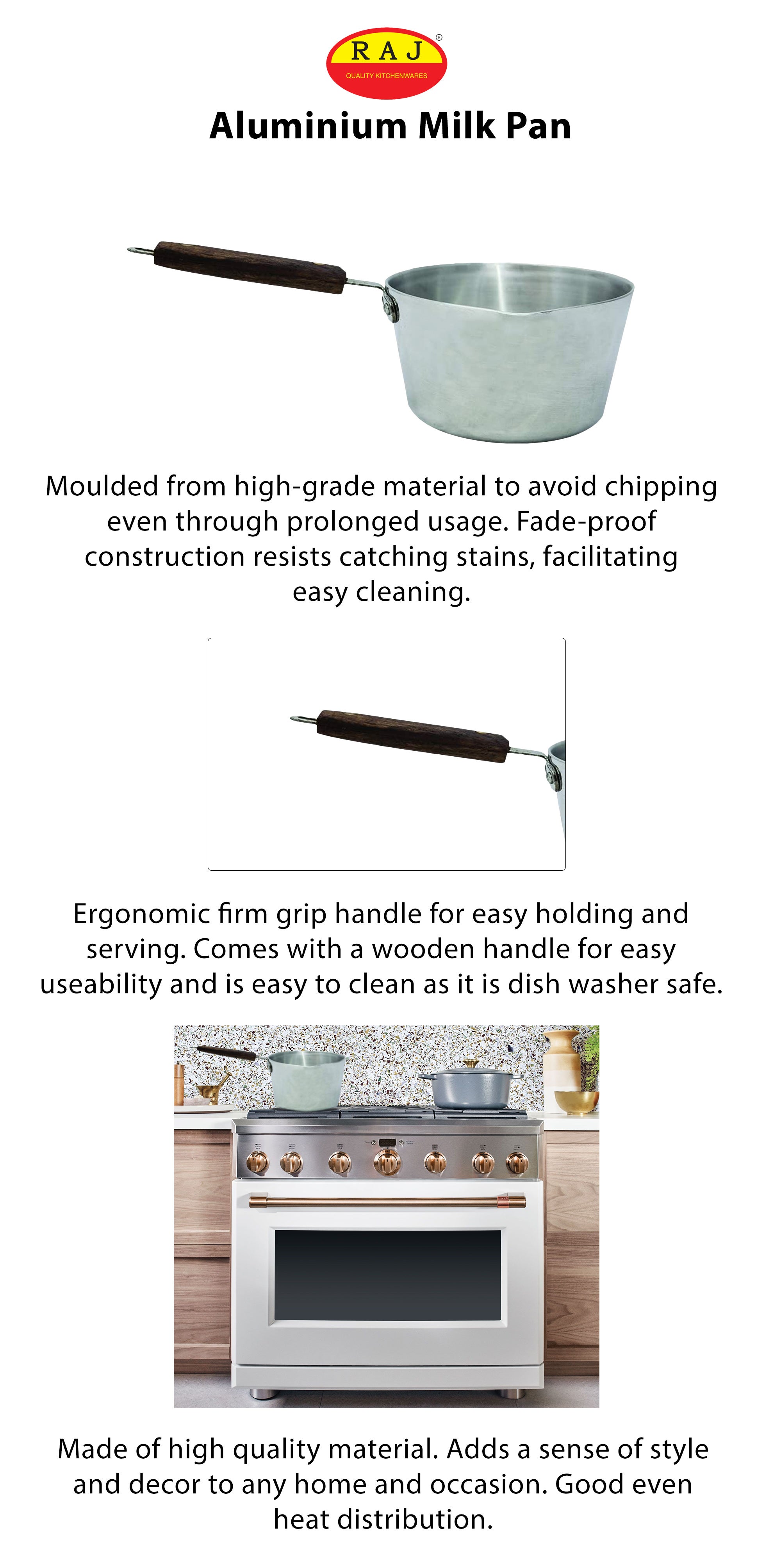 Raj Aluminium Wooden Handle Milk Pan, 20.5Cm Silver/Brown 9.6x41.8x18.4cm