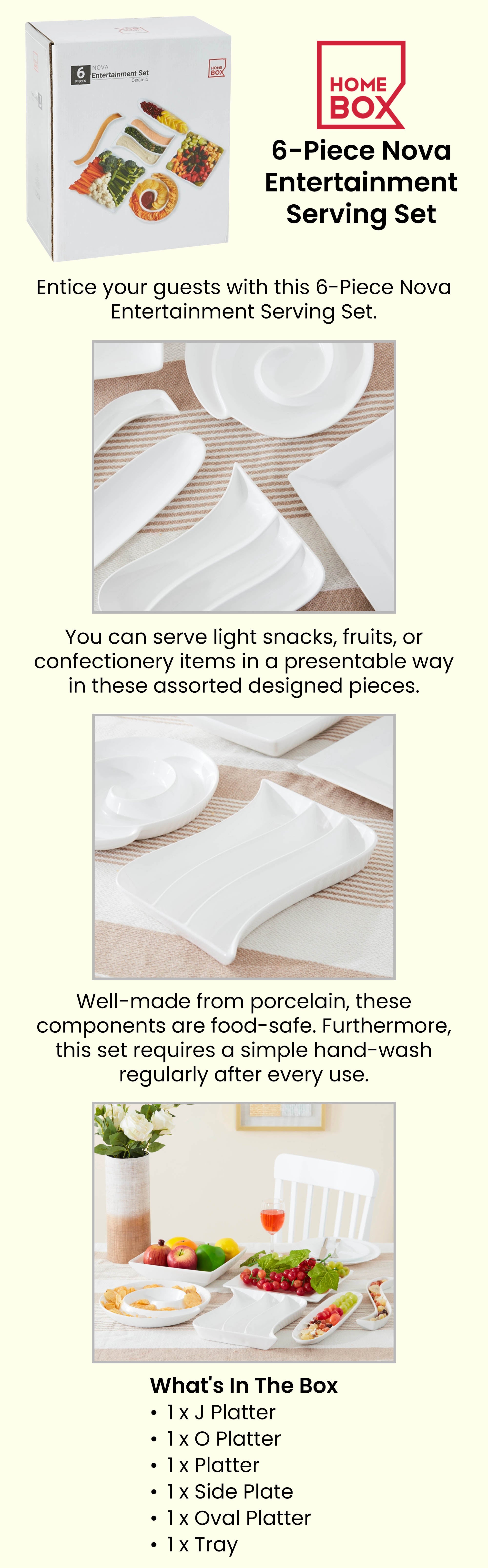 6-Piece Nova Entertainment Serving Set White J Platter 27x27x3 cm, O Platter 25x25x6 cm, Platter 26x26x2 cm, Side Plate 27x22x2.5 cm, Oval Platter 33x3x3 cm, Tray 34.8x8.5x3cm