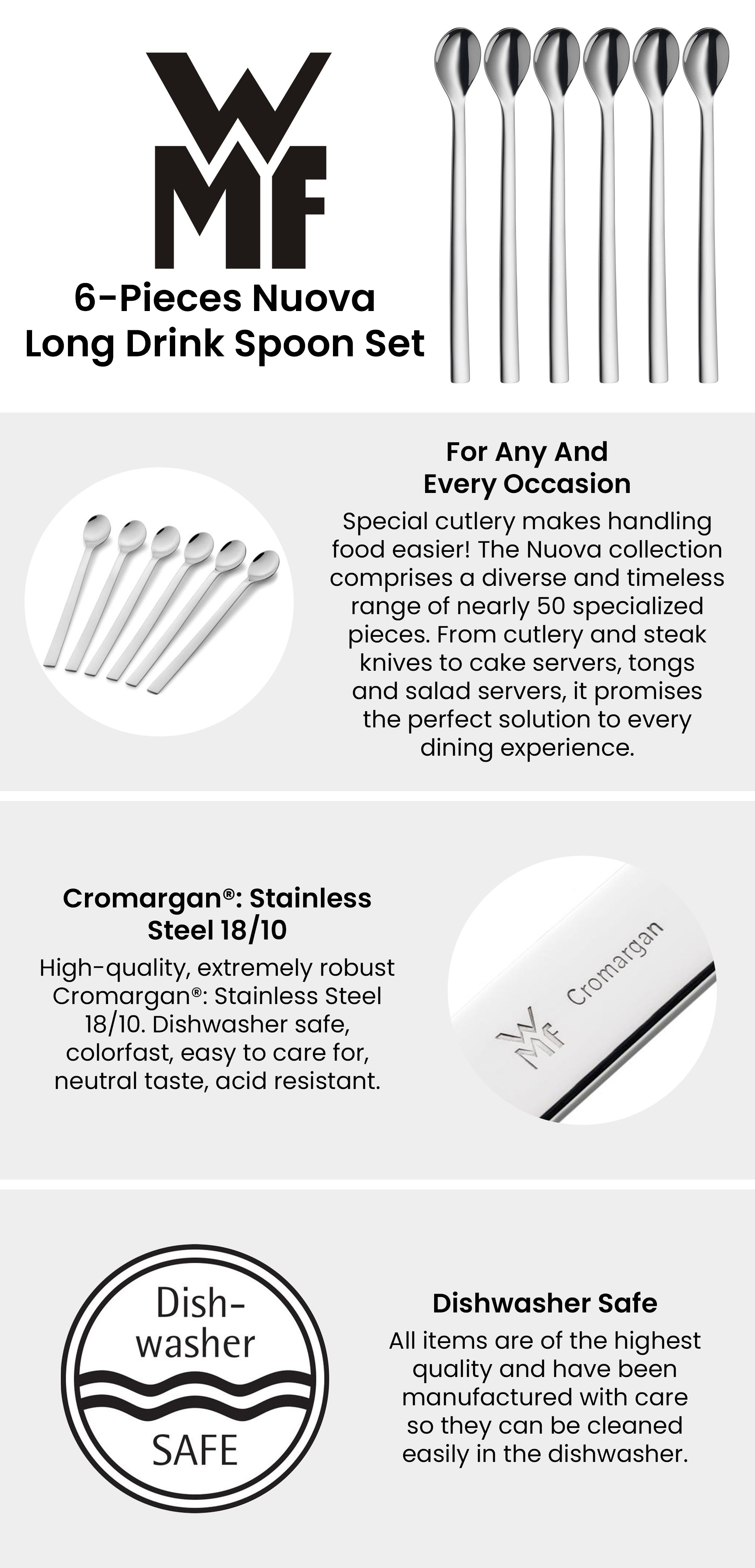 6-Piece Nuova Long Drink Spoon Set Silver 22cm