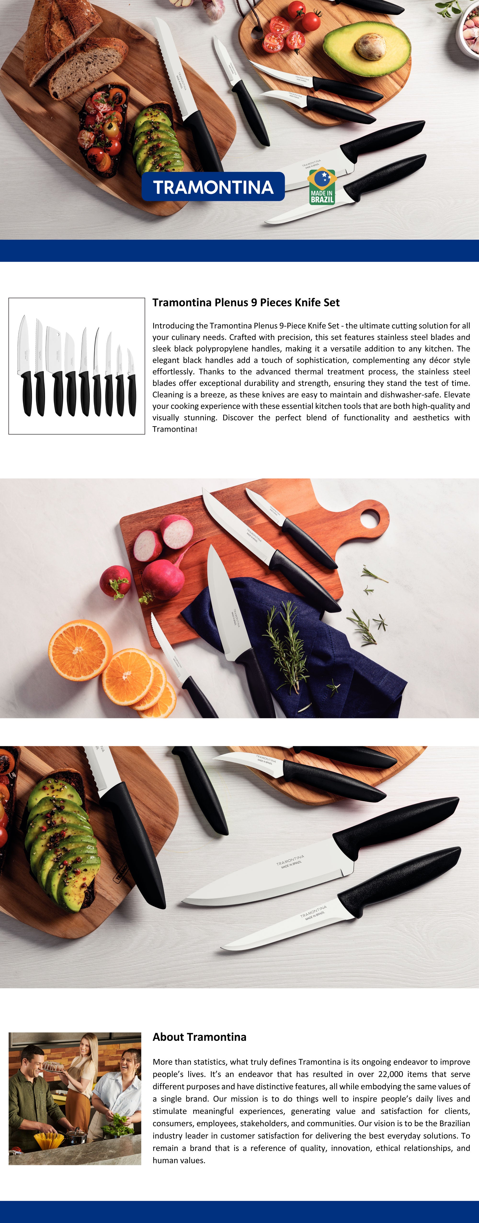 Plenus 9-Piece Knife Set with Stainless Steel Blades and Black Polypropylene Handles Silver/Black 7inch