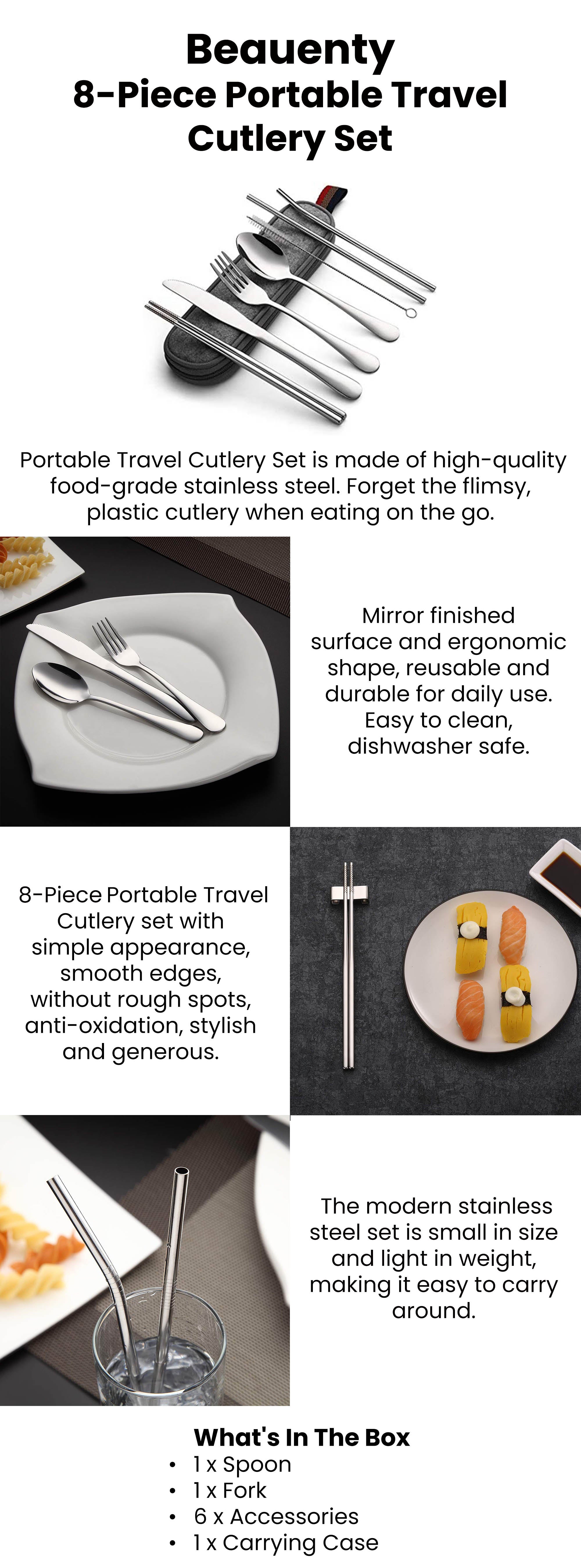 8-Piece Portable Travel Cutlery Set Silver/Grey 25x6cm