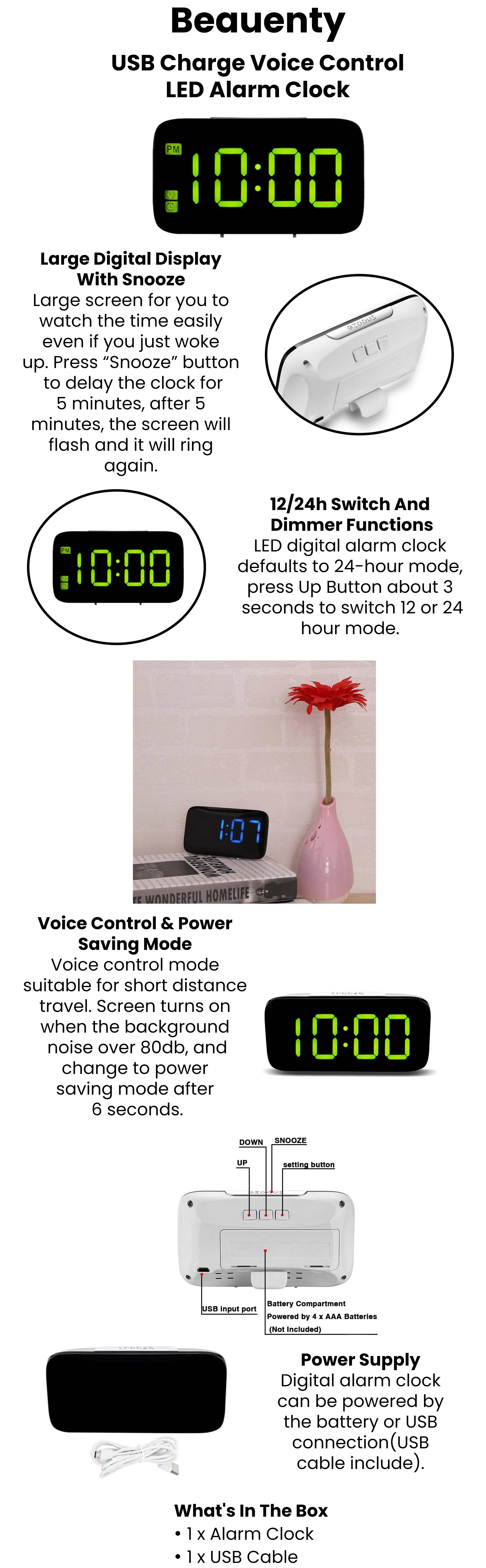 Usb Charge Voice Control Led Alarm Clock Black 12x6.6x2.5cm