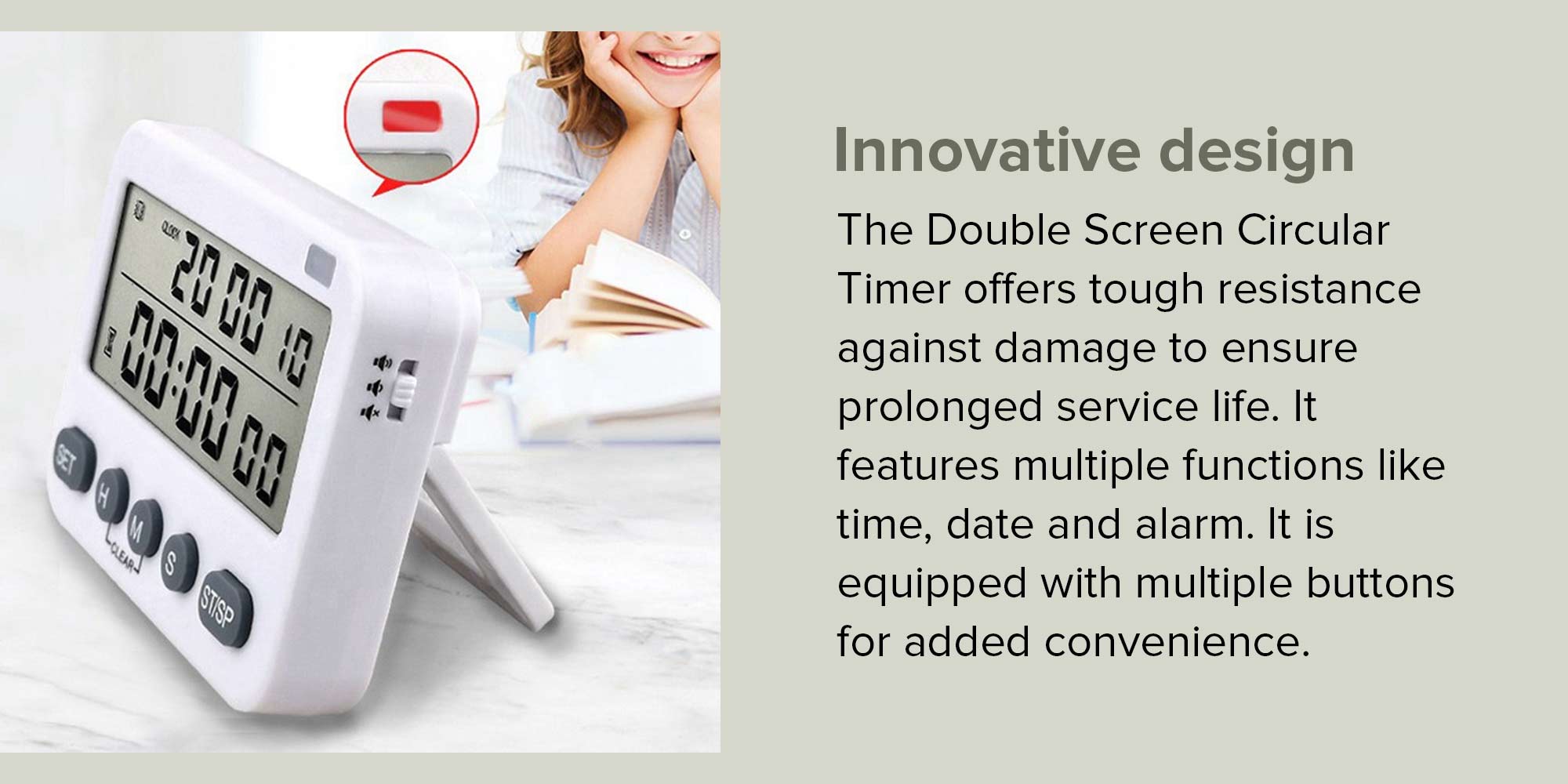 Double Screen Circular Timer White/Grey 8.4x6.5x1.9cm