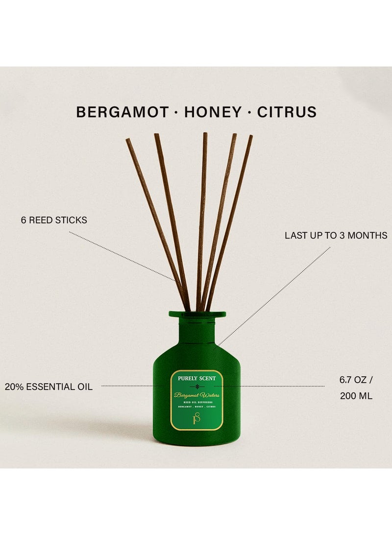 Bergamot Waters Large Reed Oil Diffuser, 6.7 Fl Oz/200 ML, 6 Reed Sticks, Aromatherapy, Lasts Upto 3 Months, Fragrant Diffuser