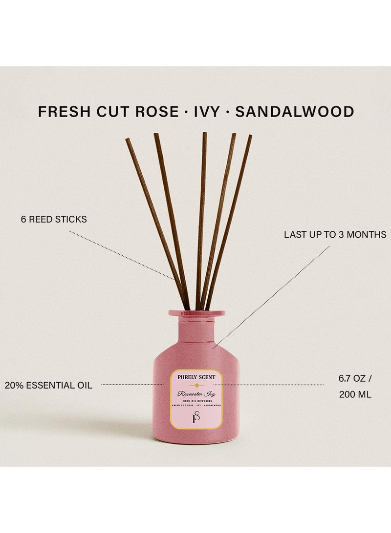 Rosewater Ivy Reed Diffuser – Large 200ML Scented Oil Diffuser – Long Lasting Botanical Home Fragrance with Essential Oils – Elegant Rose Petal & Ivy Diffuser – Decorative Bathroom or Bedroom Decor