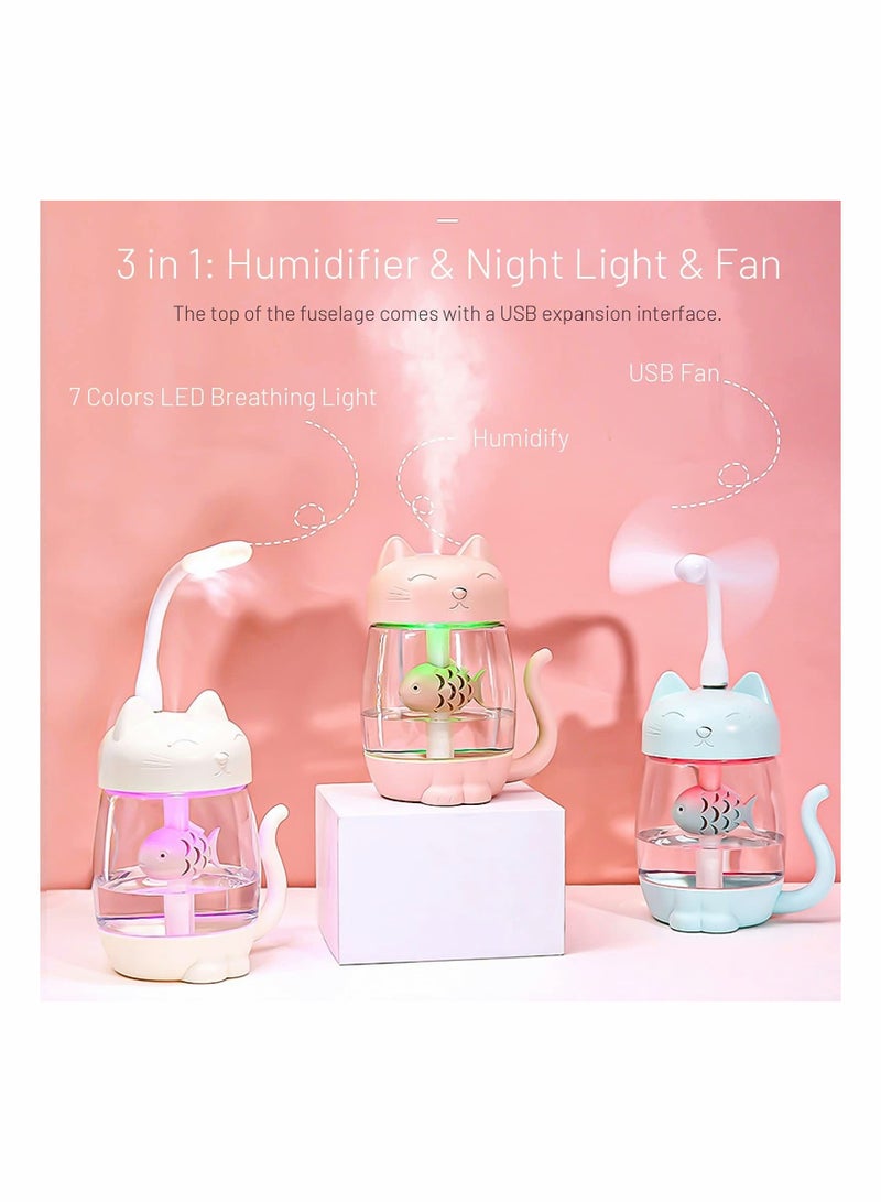 USB Cat Cool Mist Humidifier, 3 in 1 350ml Polyme Water Mode & Auto Shut-Off, Baby Humidifier with 6 Color LED Lights Changing, for Home Car Office, Air Small Fan (Pink)