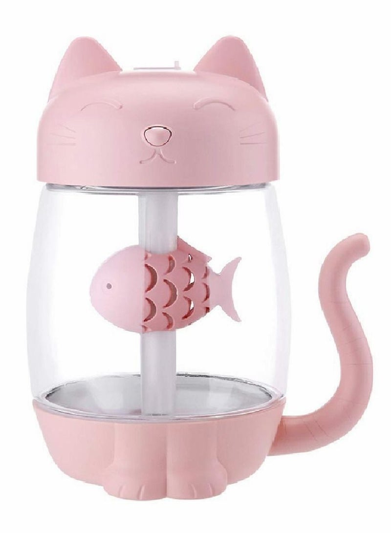 USB Cat Cool Mist Humidifier, 3 in 1 350ml Polyme Water Mode & Auto Shut-Off, Baby Humidifier with 6 Color LED Lights Changing, for Home Car Office, Air Small Fan (Pink)