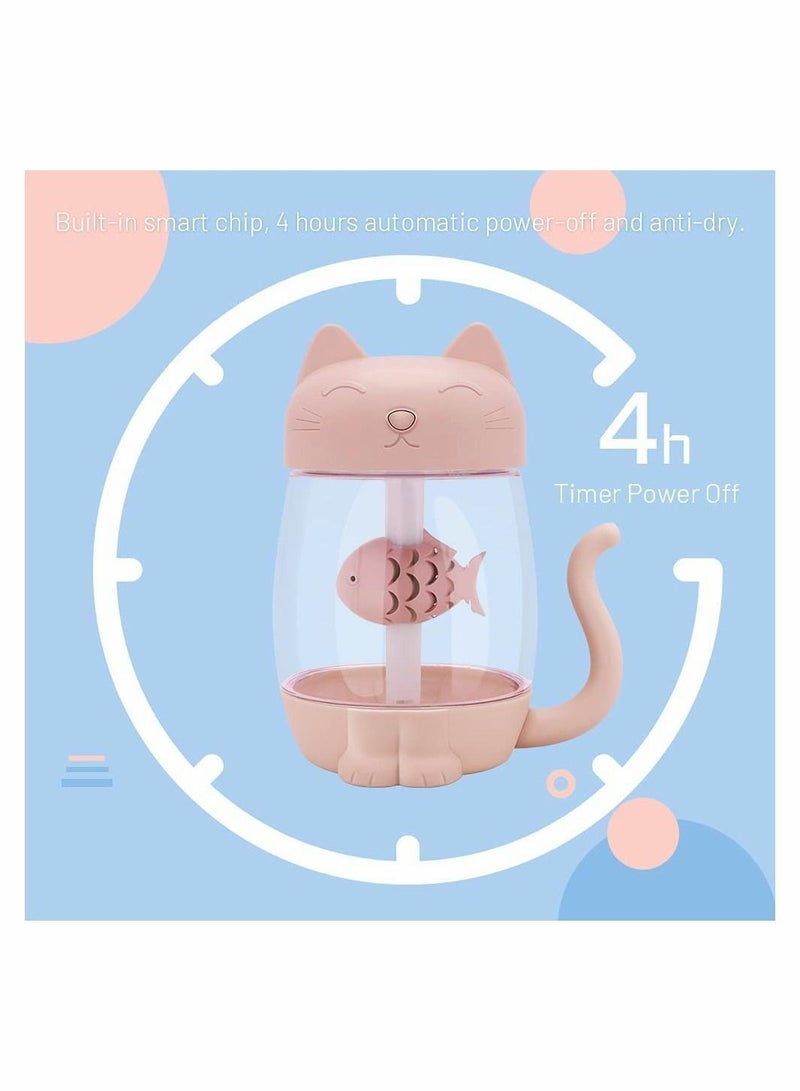 USB Cat Cool Mist Humidifier, 3 in 1 350ml Polyme Water Mode & Auto Shut-Off, Baby Humidifier with 6 Color LED Lights Changing, for Home Car Office, Air Small Fan (Pink)