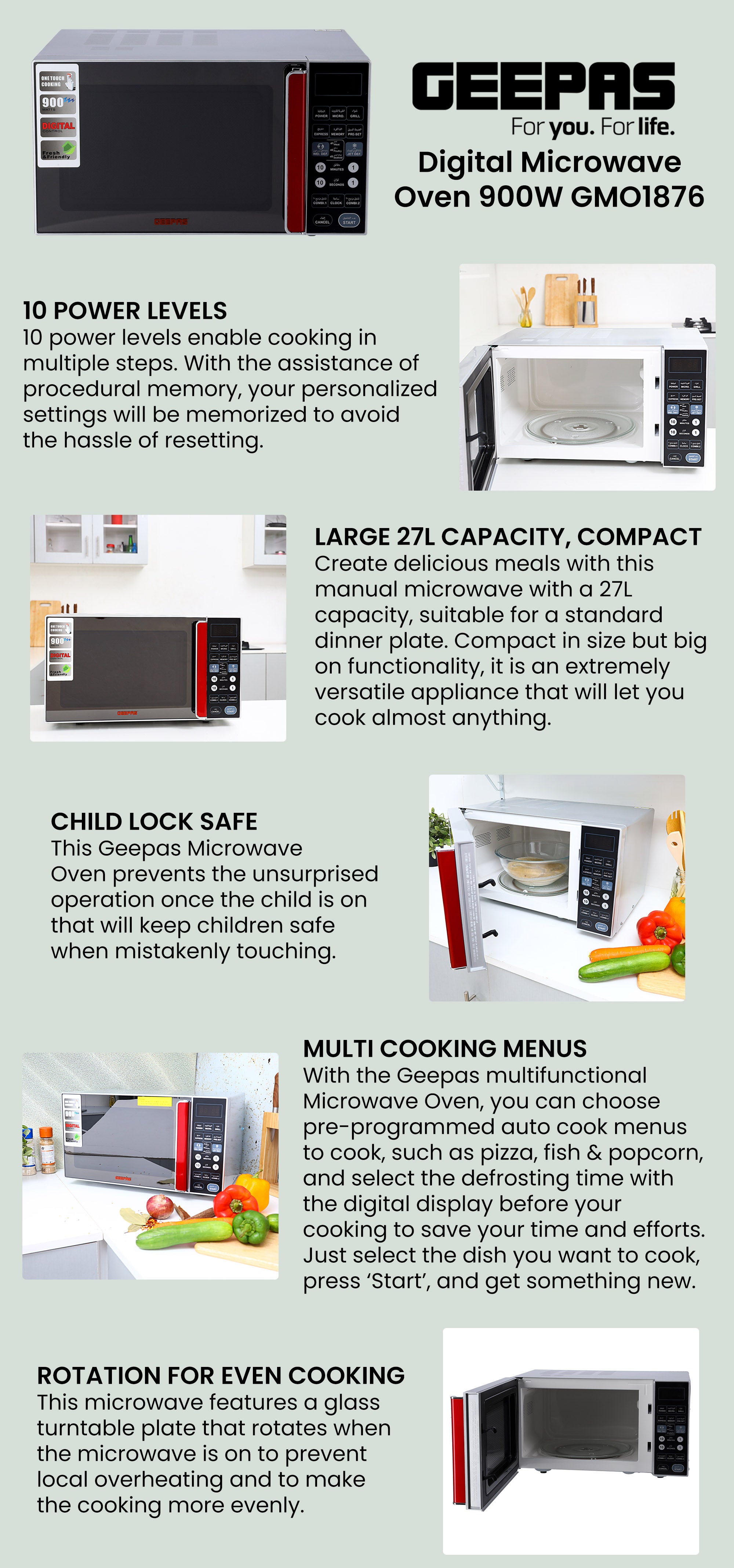 Digital Microwave Oven - Microwave Oven with Multiple Cooking Menus |Reheating & Defrost Function |Child Lock |Digital Controls 27 L 900 W GMO1876 Silver