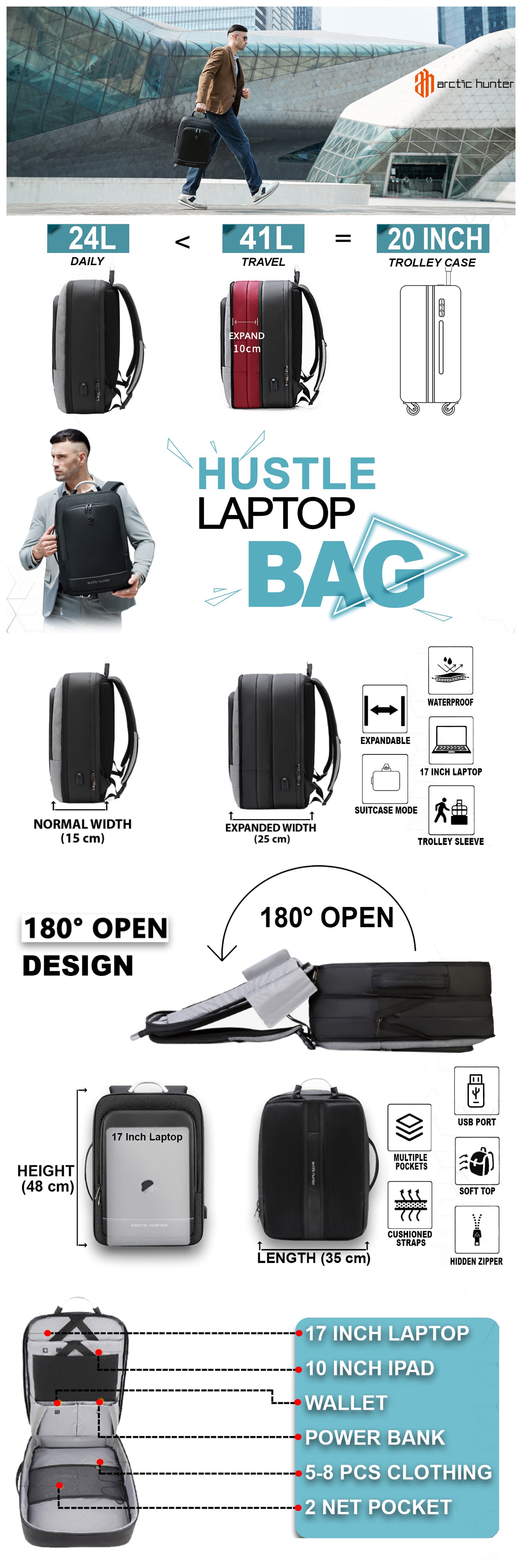 Expandable Travel Backpack Convertible Hand Carry bag with USB charging port with TSA friendly Opening laptop Bag for Unisex B00227L Black