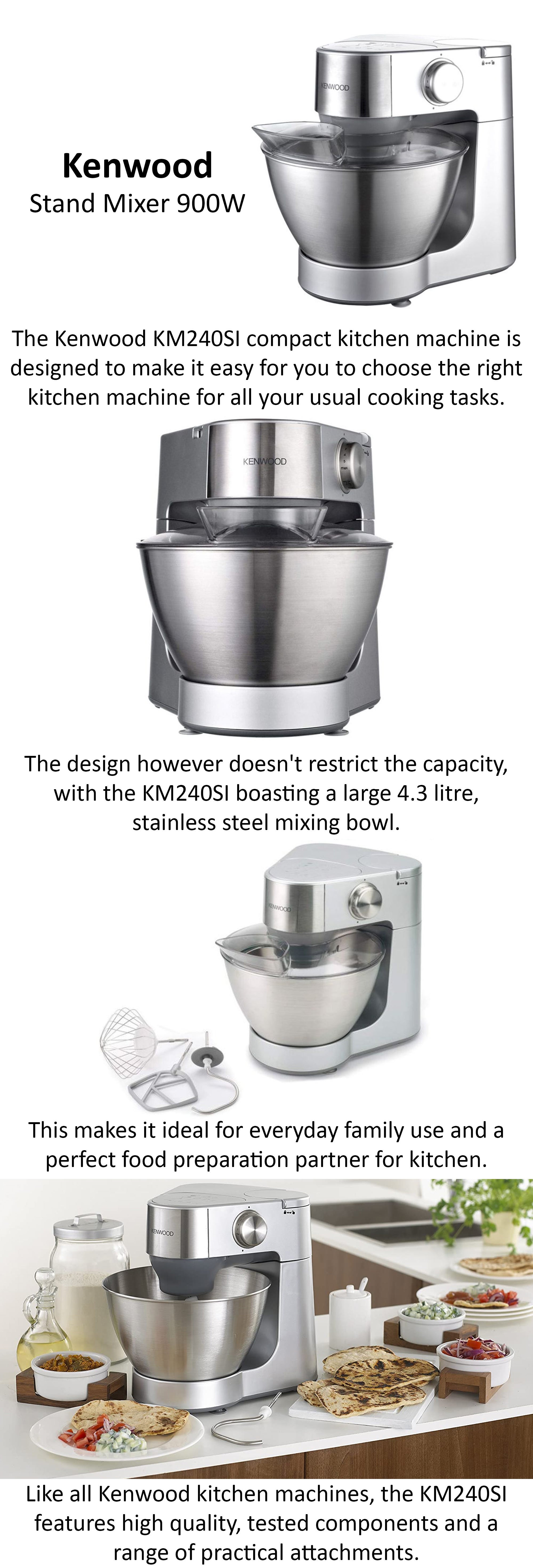 Kenwood Stand Mixer Kitchen Machine Prospero  With  Stainless Steel Bowl, K-Beater, Whisk, Dough Hook 4.3 L 900.0 W KM240SI Silver/Grey