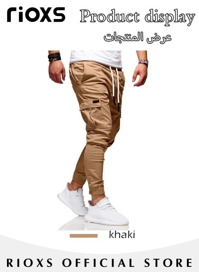 Men's Cargo Pants Casual Sports Sweatpants Running Jogging Workout Drawstring Athletic Trousers With Multiple Pockets