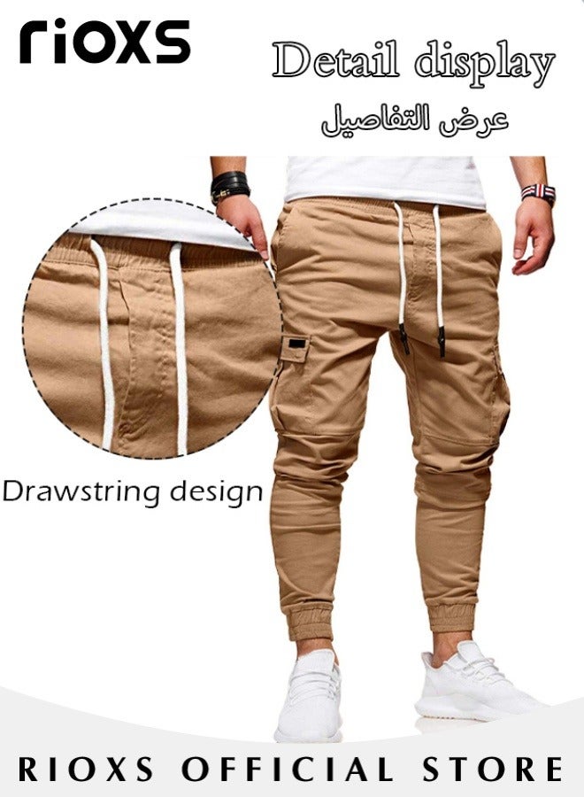 Men's Cargo Pants Casual Sports Sweatpants Running Jogging Workout Drawstring Athletic Trousers With Multiple Pockets