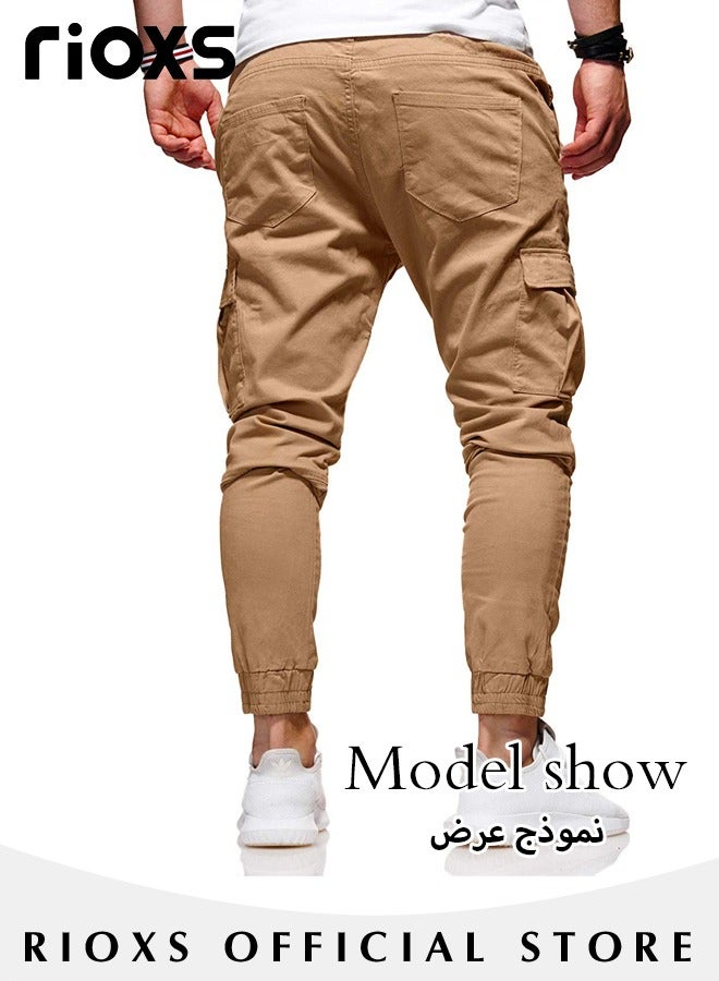 Men's Cargo Pants Casual Sports Sweatpants Running Jogging Workout Drawstring Athletic Trousers With Multiple Pockets