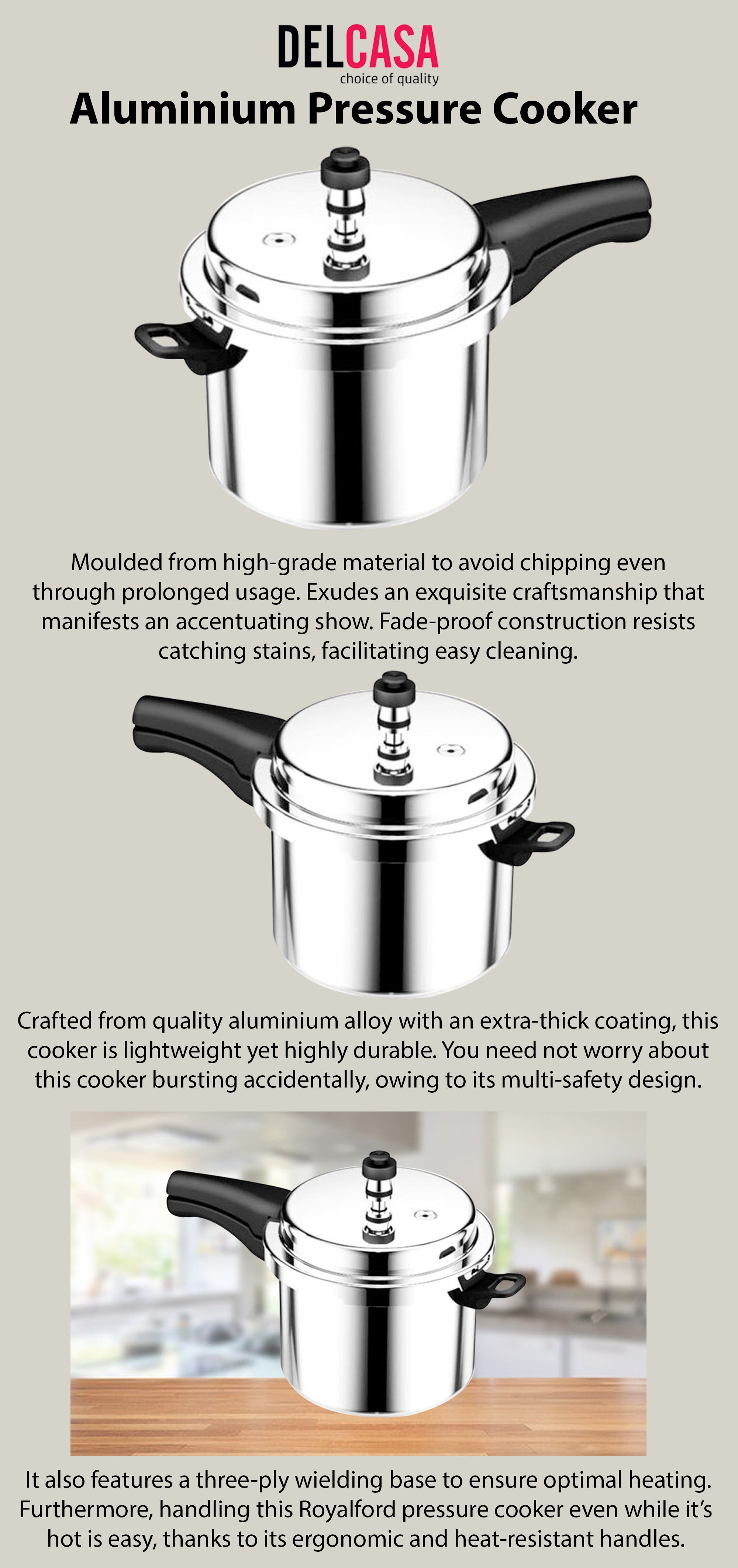 Aluminium Pressure Cooker Lightweight & Durable Home Kitchen Pressure Cooker With Lid, Multi-Safety Device With Cool Touch Handles For Gas And Solid Hotplates 7.5Liters