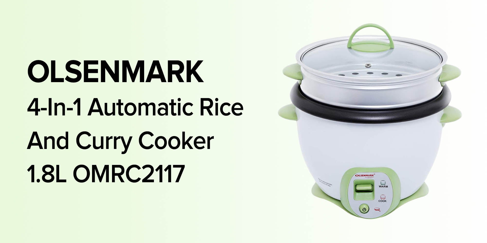 4-In-1 Automatic Rice And Curry Cooker, Keep Warm and Steam, Tempered Lid, Non Stick Inner Pot 1.8 L 650 W OMRC2117N White/grey