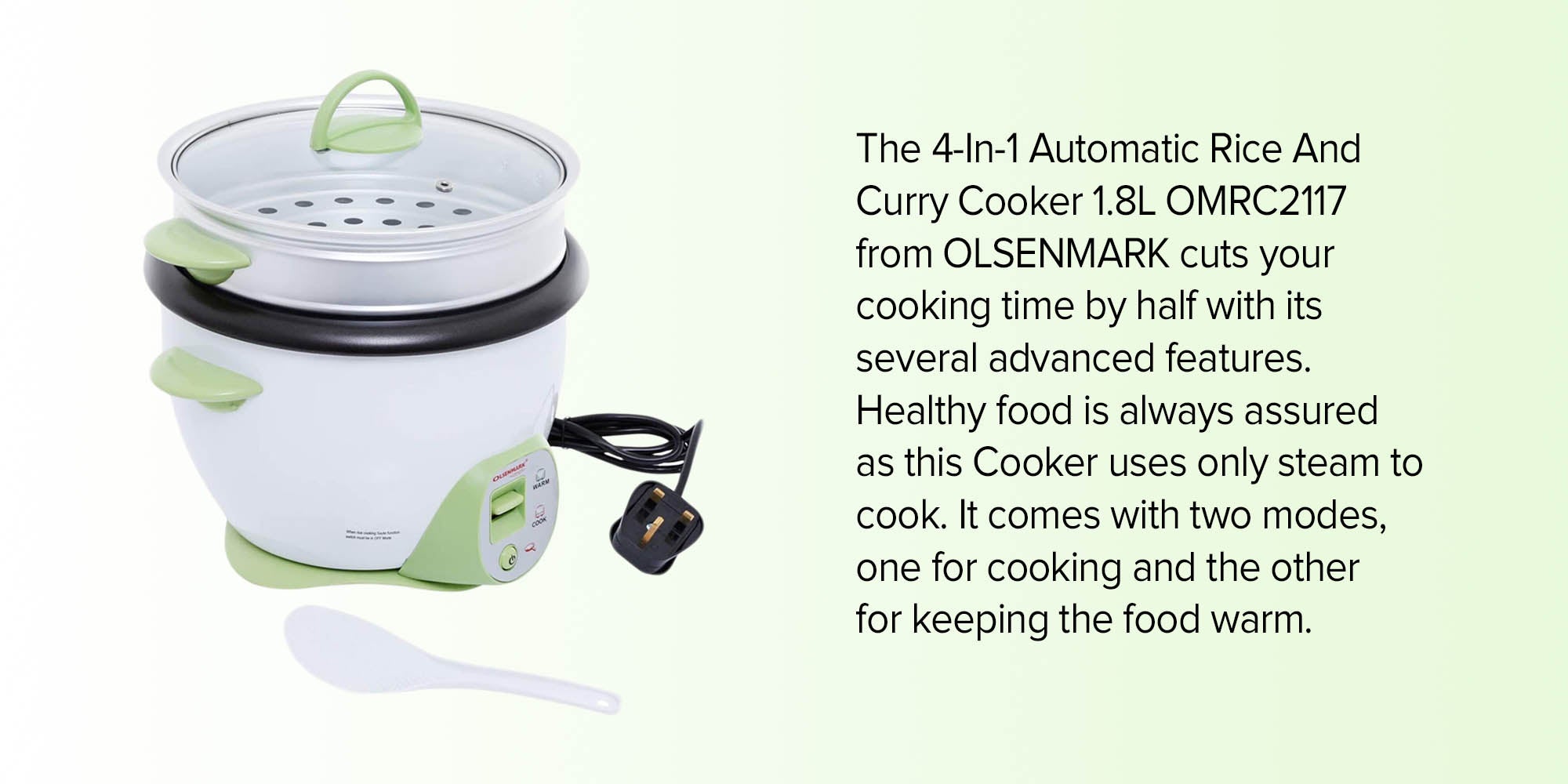 4-In-1 Automatic Rice And Curry Cooker, Keep Warm and Steam, Tempered Lid, Non Stick Inner Pot 1.8 L 650 W OMRC2117N White/grey