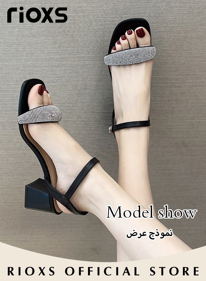 Women's High Heel Sandals Ankle Strap Square Open Toe Ankle Strap Chunky Heels Shoes